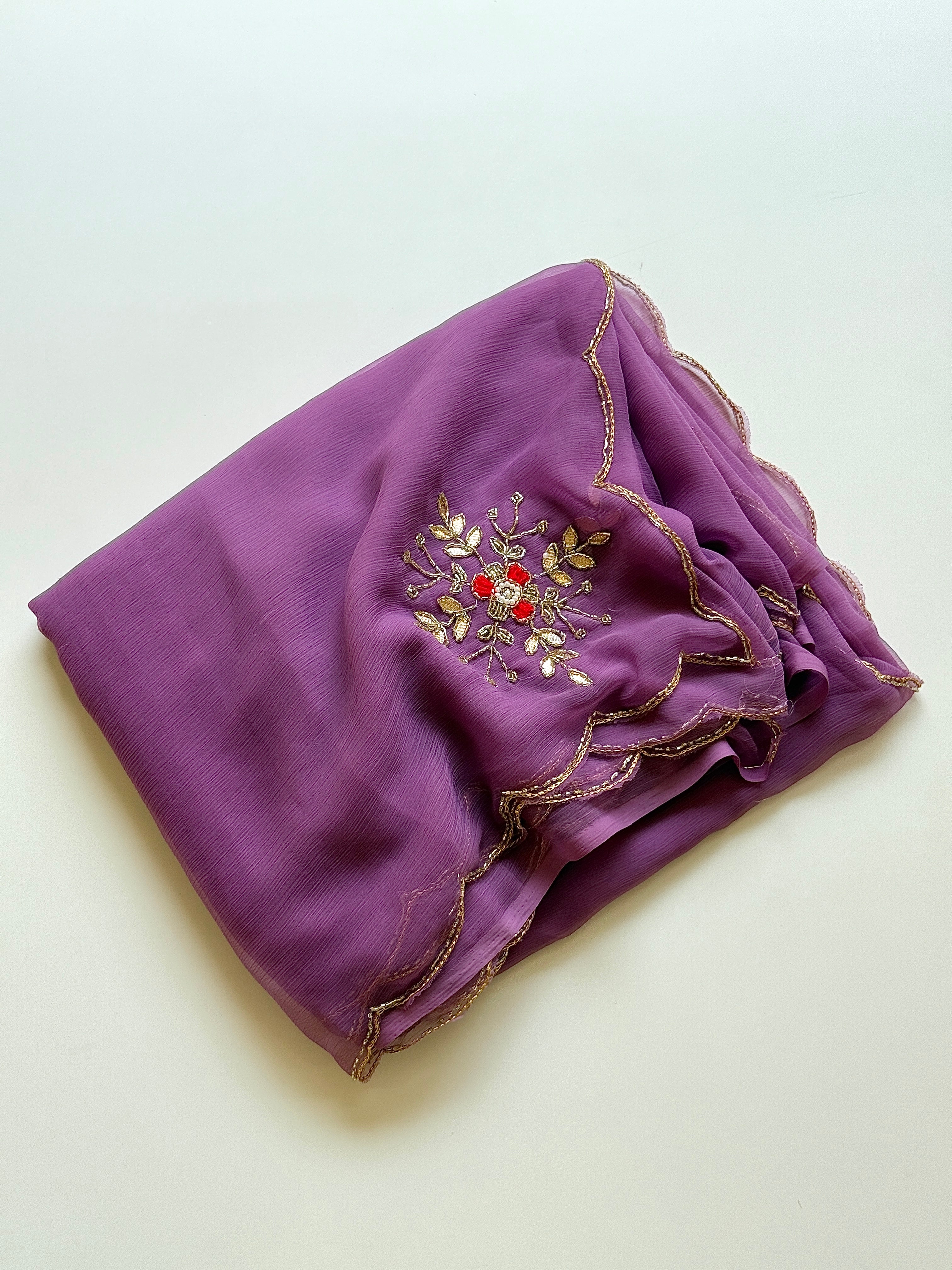 Exuberant Function Wear Pure Chiffon Silk Handwork Designer Saree With Matching Blouse Piece