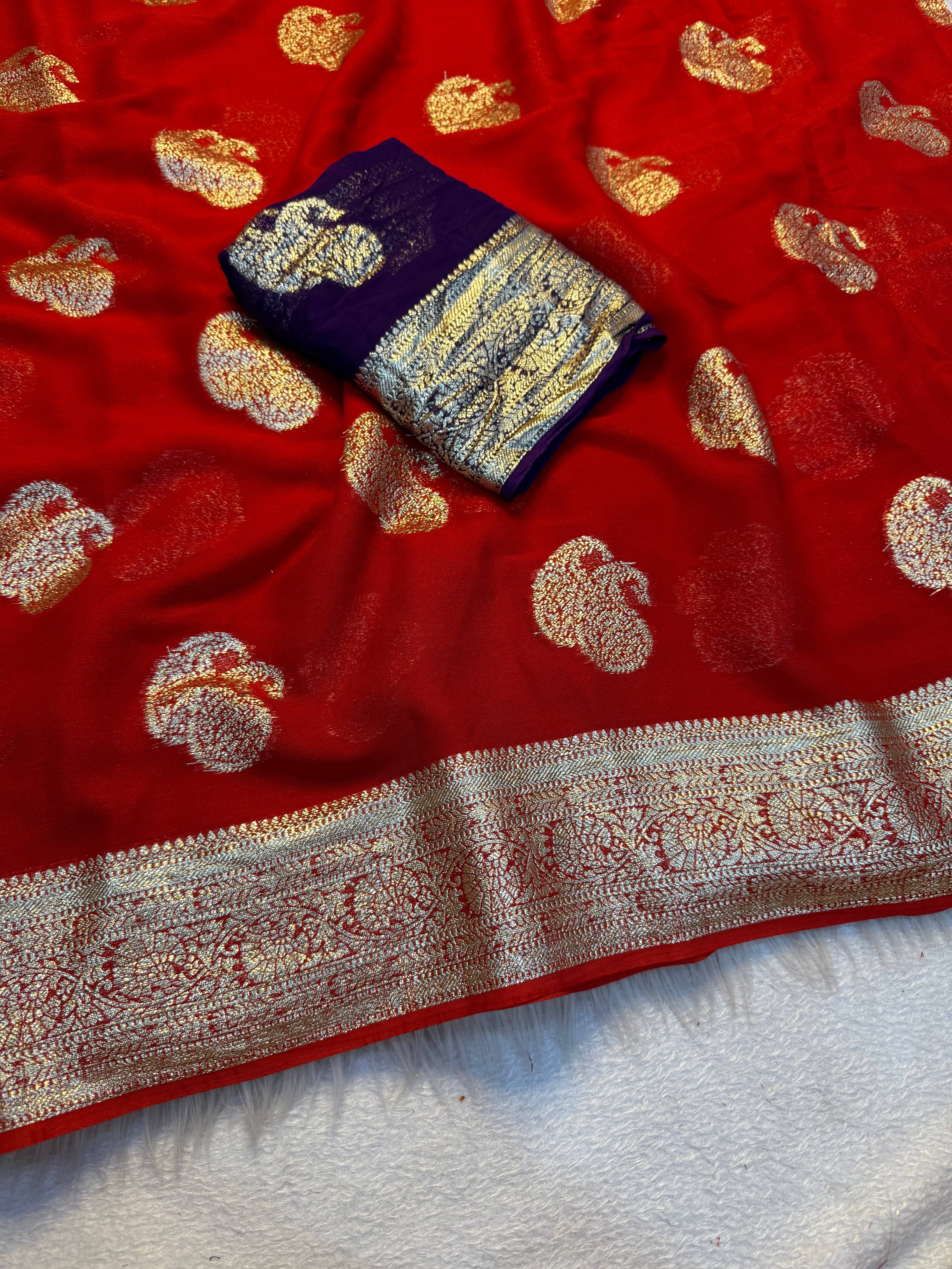 New Festival Wear Viscose Georgette Jacquard Weaving Work Fancy Designer Saree With Blouse