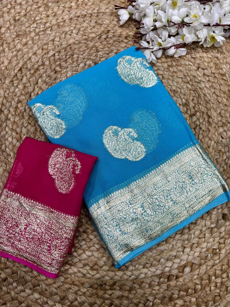 New Festival Wear Viscose Georgette Jacquard Weaving Work Fancy Designer Saree With Blouse