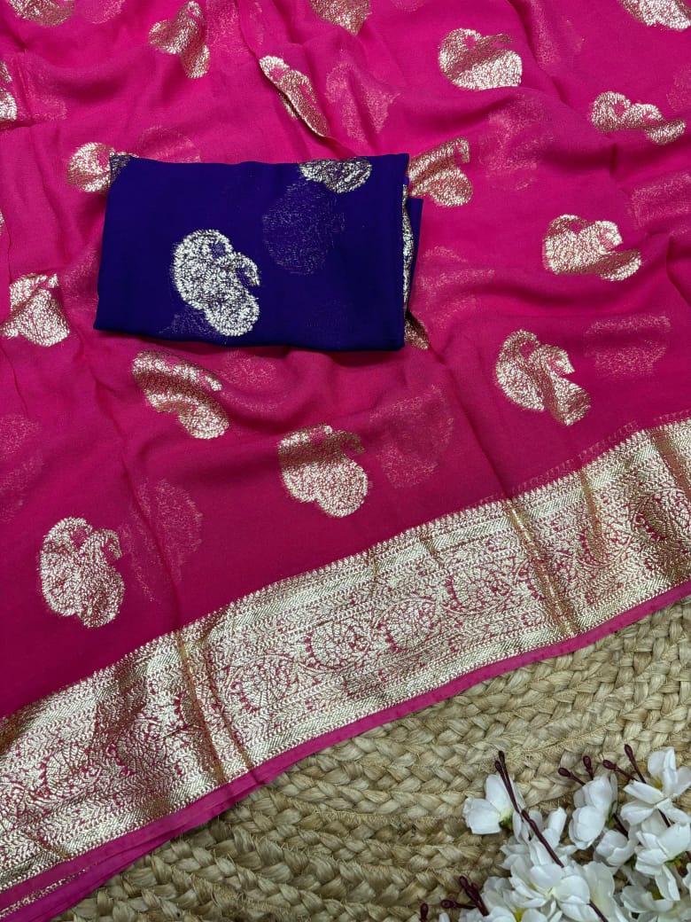 New Festival Wear Viscose Georgette Jacquard Weaving Work Fancy Designer Saree With Blouse