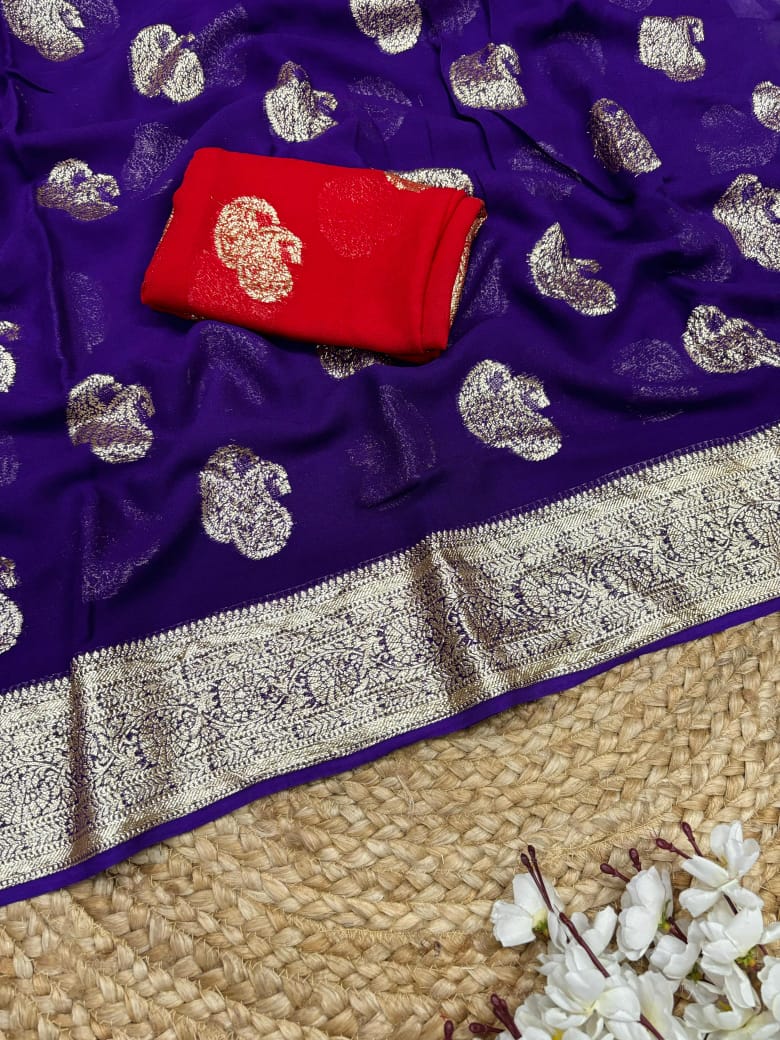 New Festival Wear Viscose Georgette Jacquard Weaving Work Fancy Designer Saree With Blouse