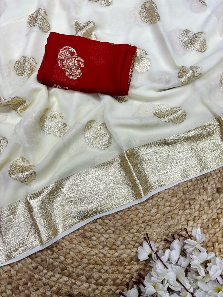 New Festival Wear Viscose Georgette Jacquard Weaving Work Fancy Designer Saree With Blouse