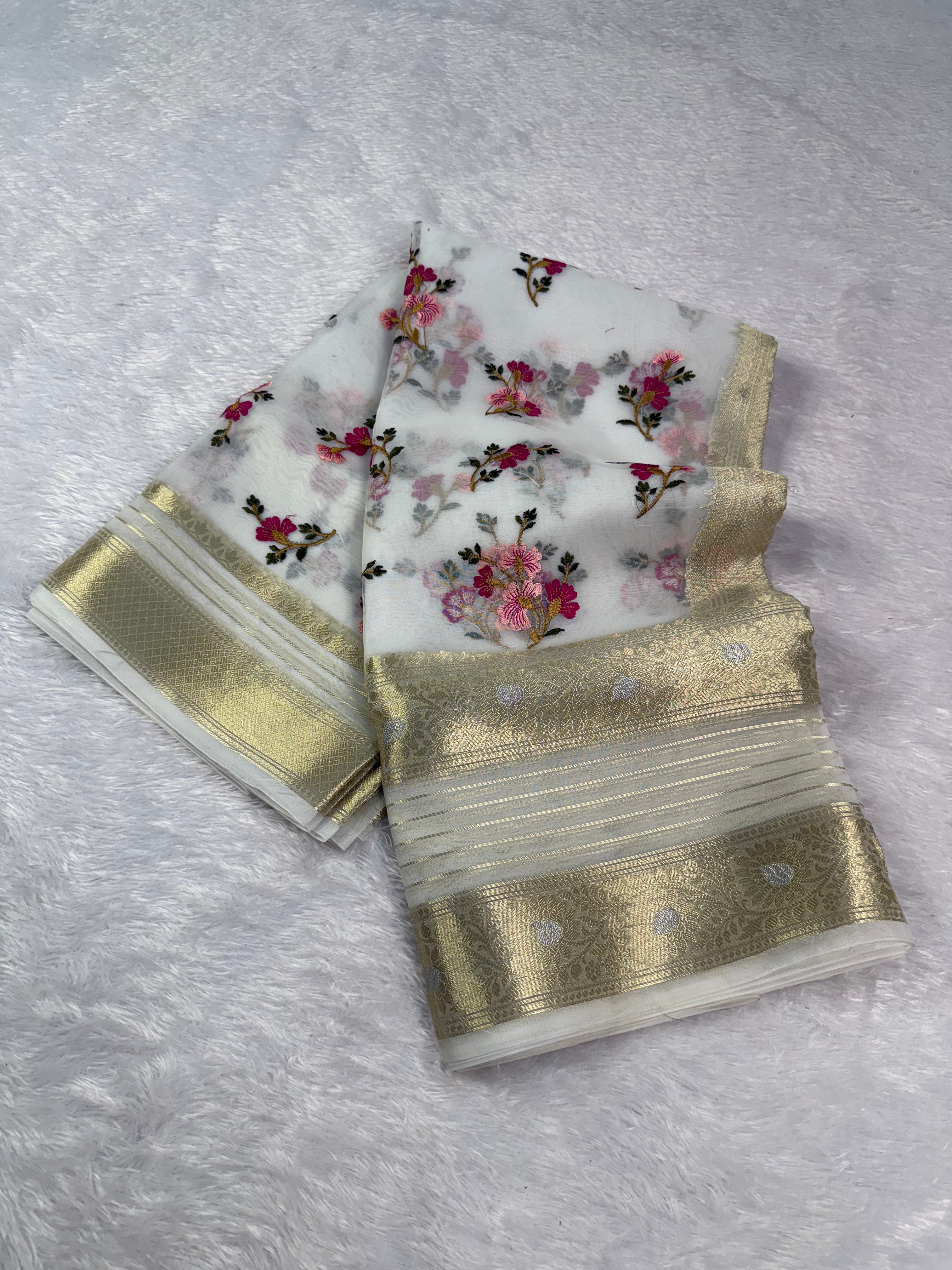 Graceful Function Wear Soft Organza Silk Embroidery n Zari Border Fancy Saree With Blouse Piece