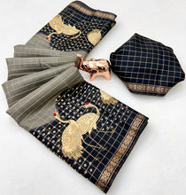 Load image into Gallery viewer, Desiring Festive Wear Pure Soft Tussar Silk Small Chex Golden Zari Border Fancy Saree For Women
