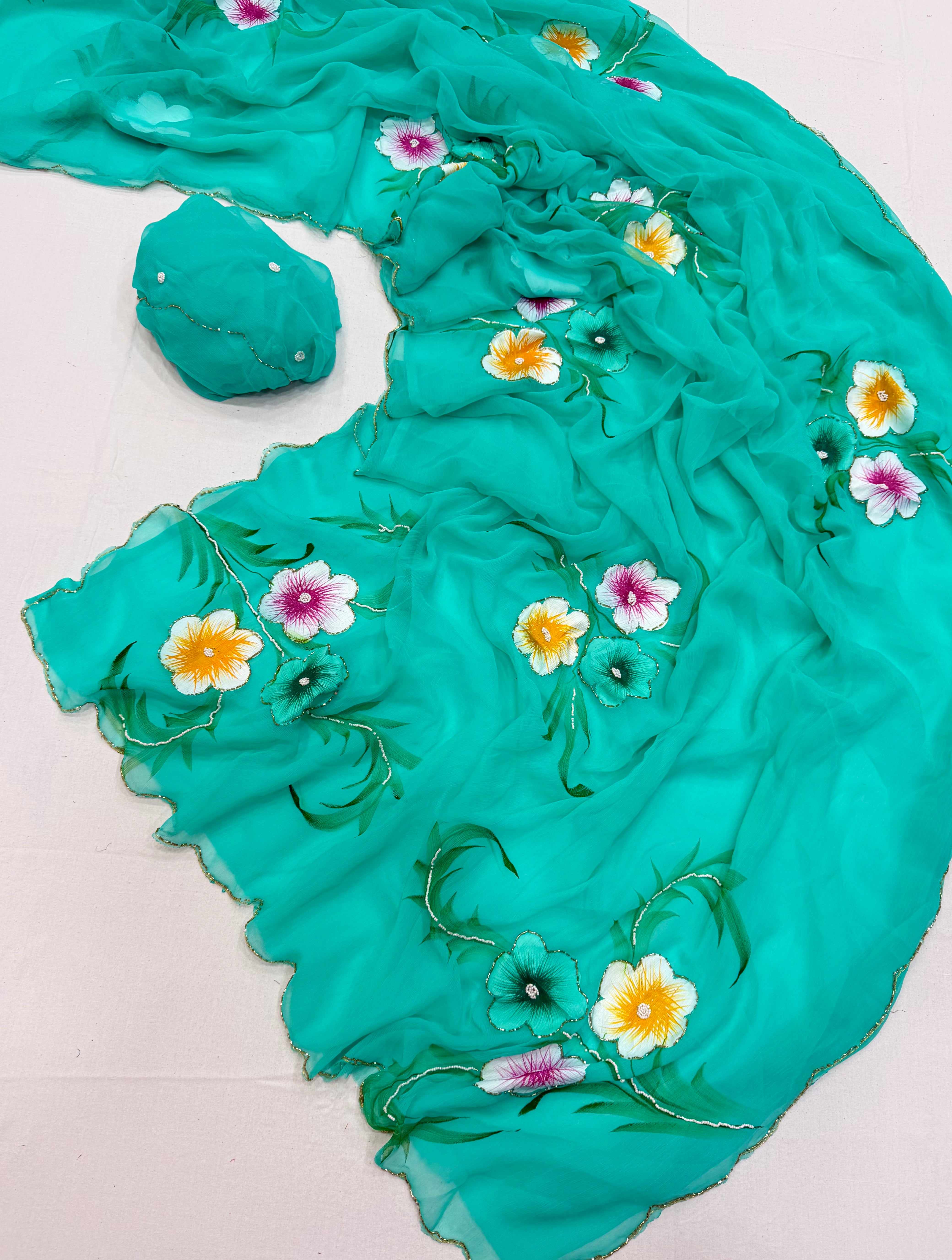 Exuberant Party Wear Pure Chiffon Silk Handbrush Print n Handwork Fancy Designer Saree With Blouse