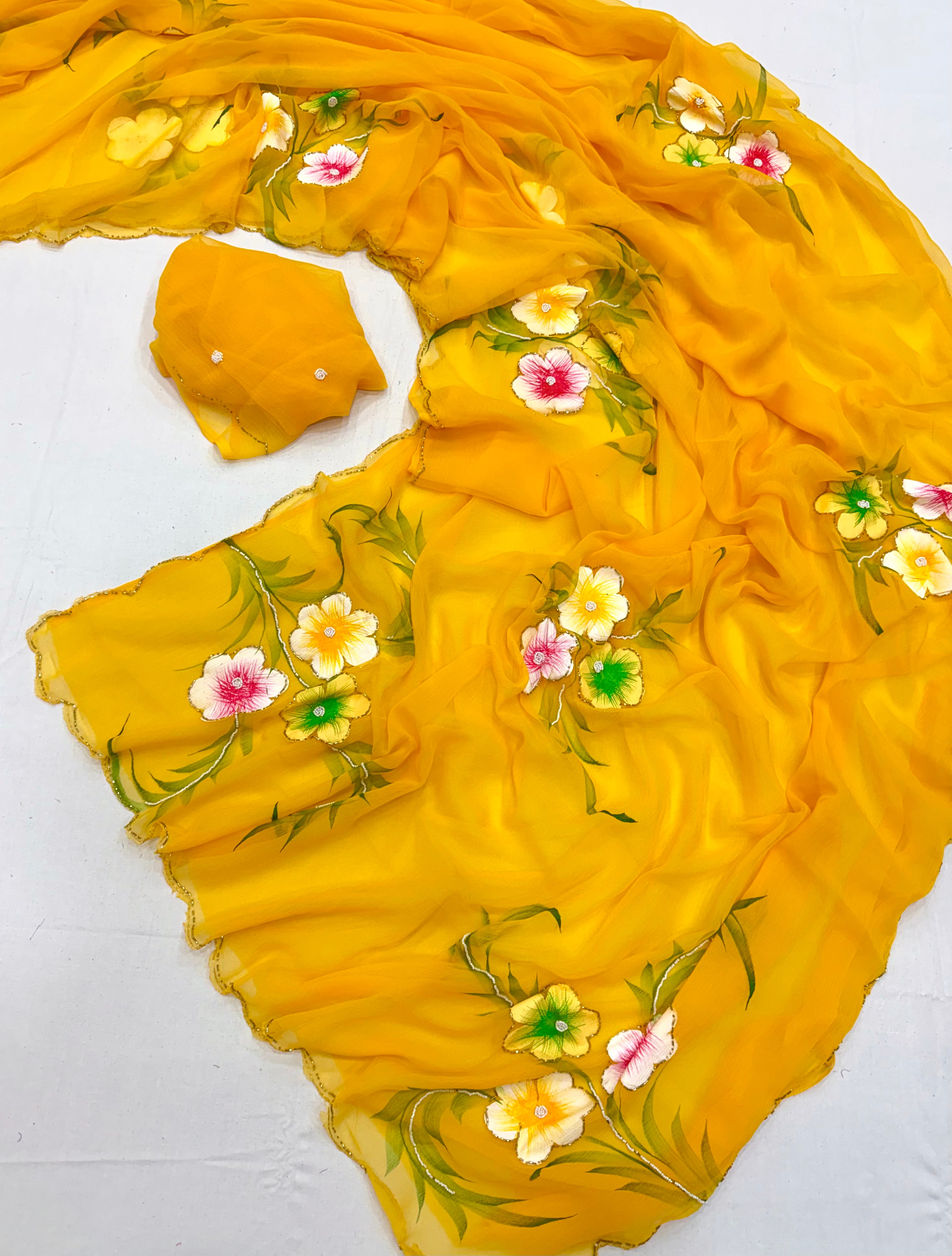 Exuberant Party Wear Pure Chiffon Silk Handbrush Print n Handwork Fancy Designer Saree With Blouse