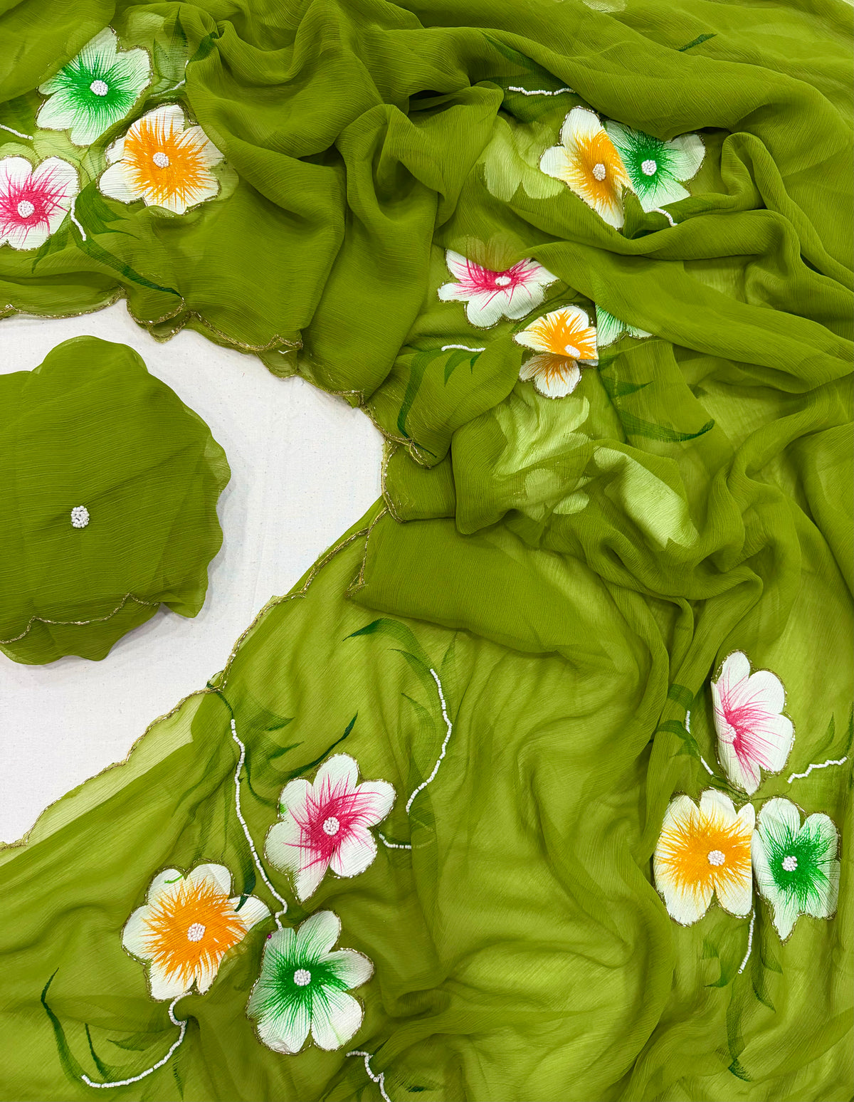 Exuberant Party Wear Pure Chiffon Silk Handbrush Print n Handwork Fancy Designer Saree With Blouse