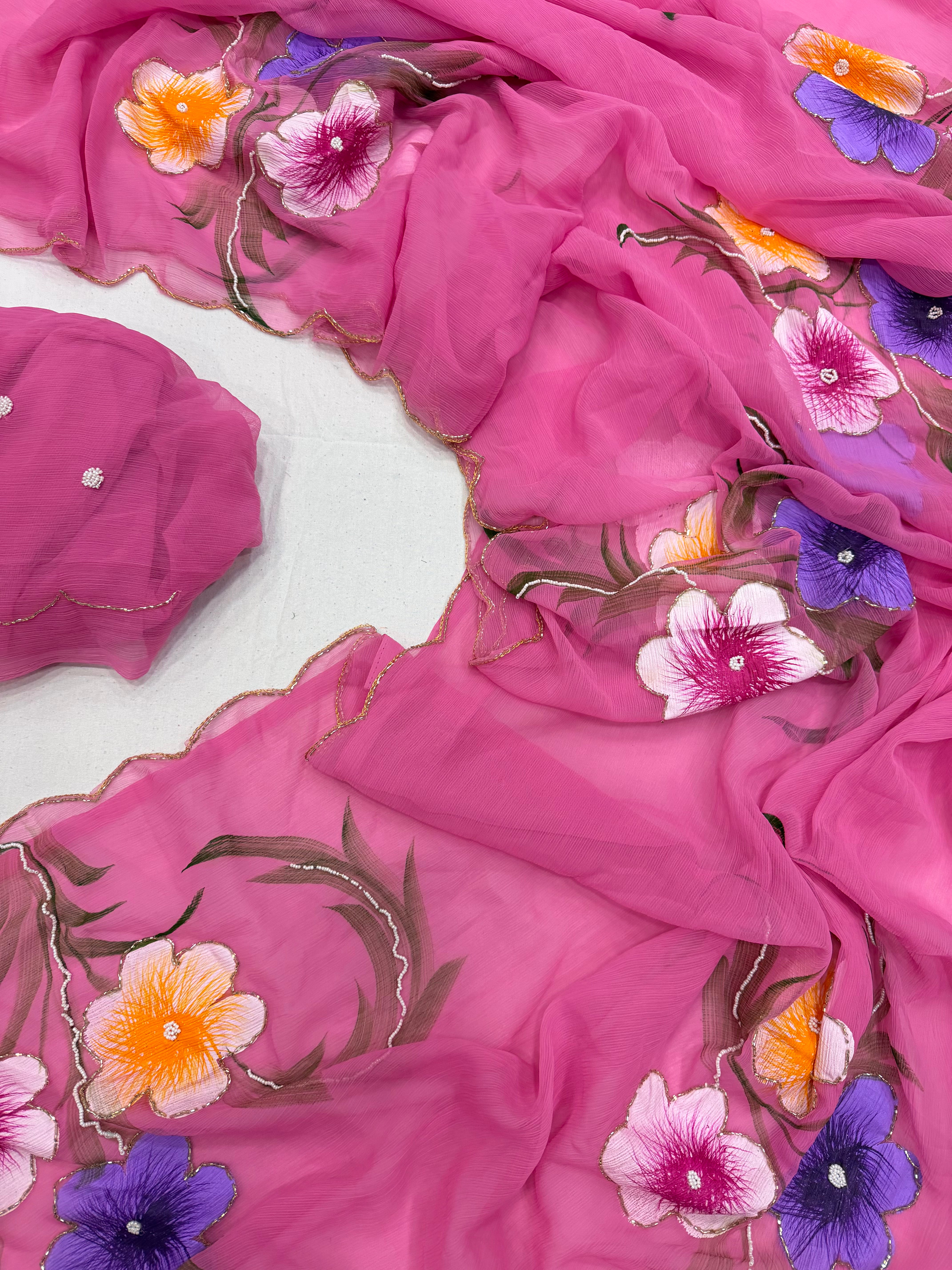 Exuberant Party Wear Pure Chiffon Silk Handbrush Print n Handwork Fancy Designer Saree With Blouse