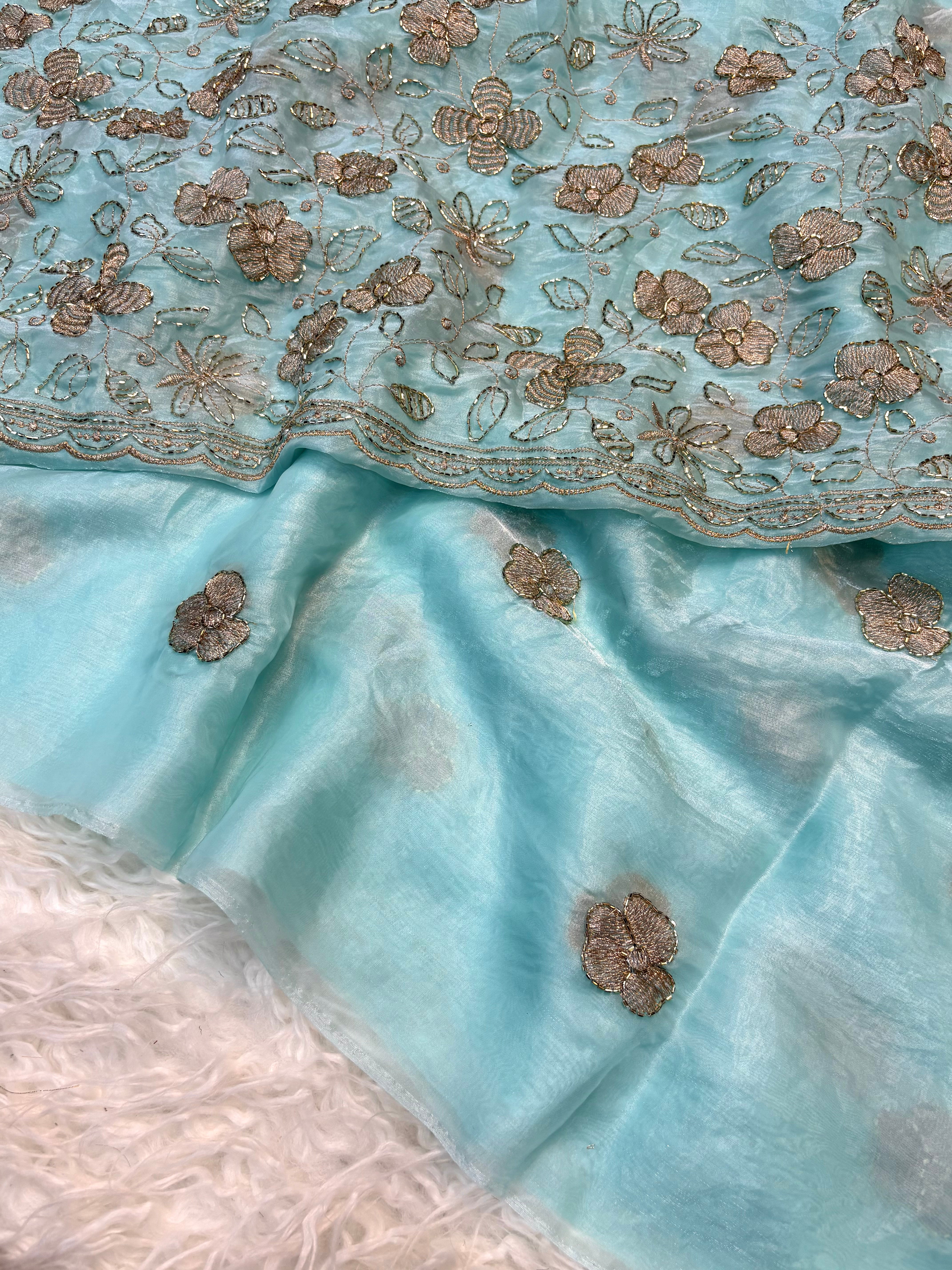 Prettiest Wedding Wear Rangoli Silk Sequence n Beads Work Saree With Conrrast Blouse Piece