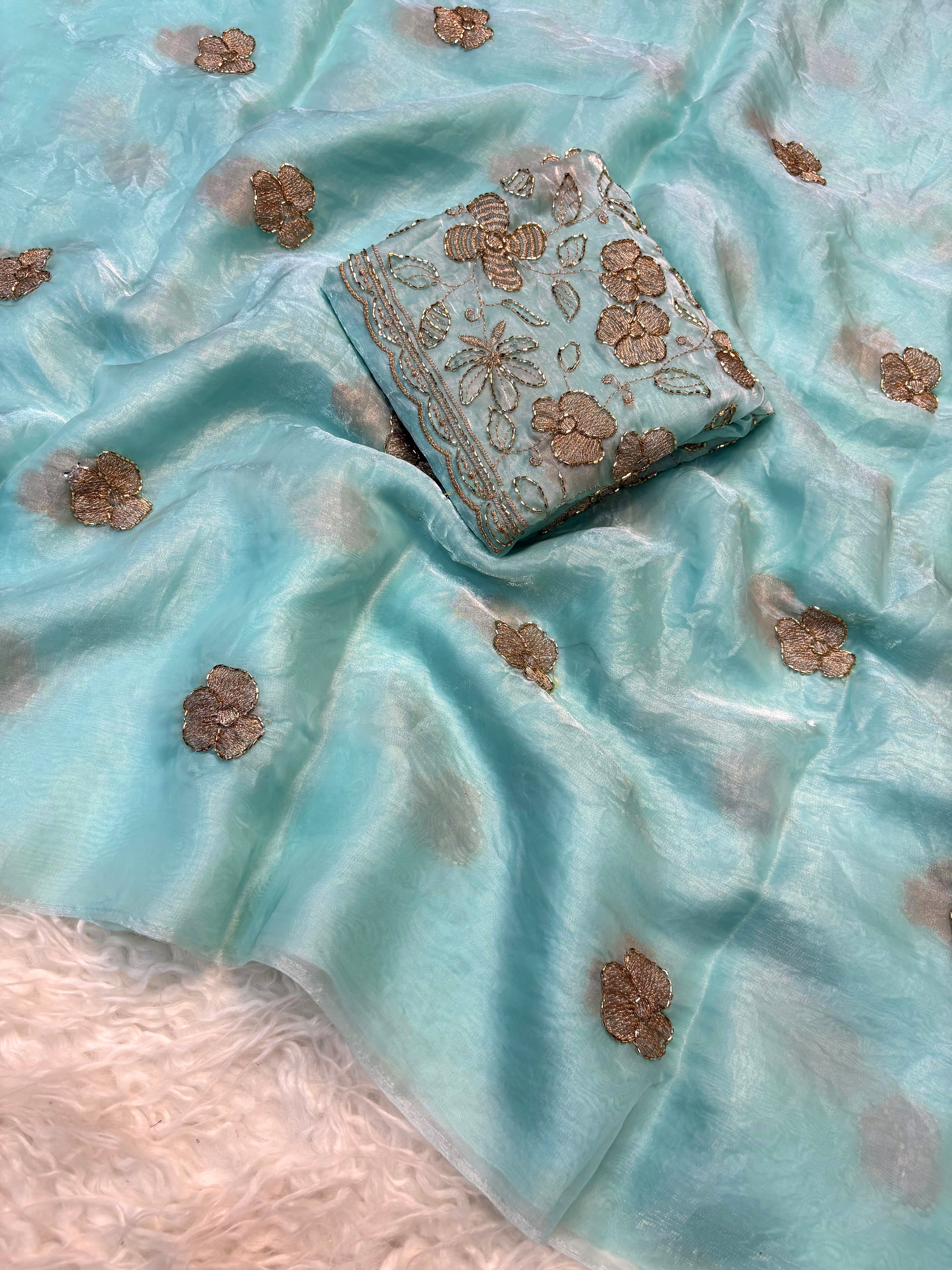 Prettiest Wedding Wear Rangoli Silk Sequence n Beads Work Saree With Conrrast Blouse Piece