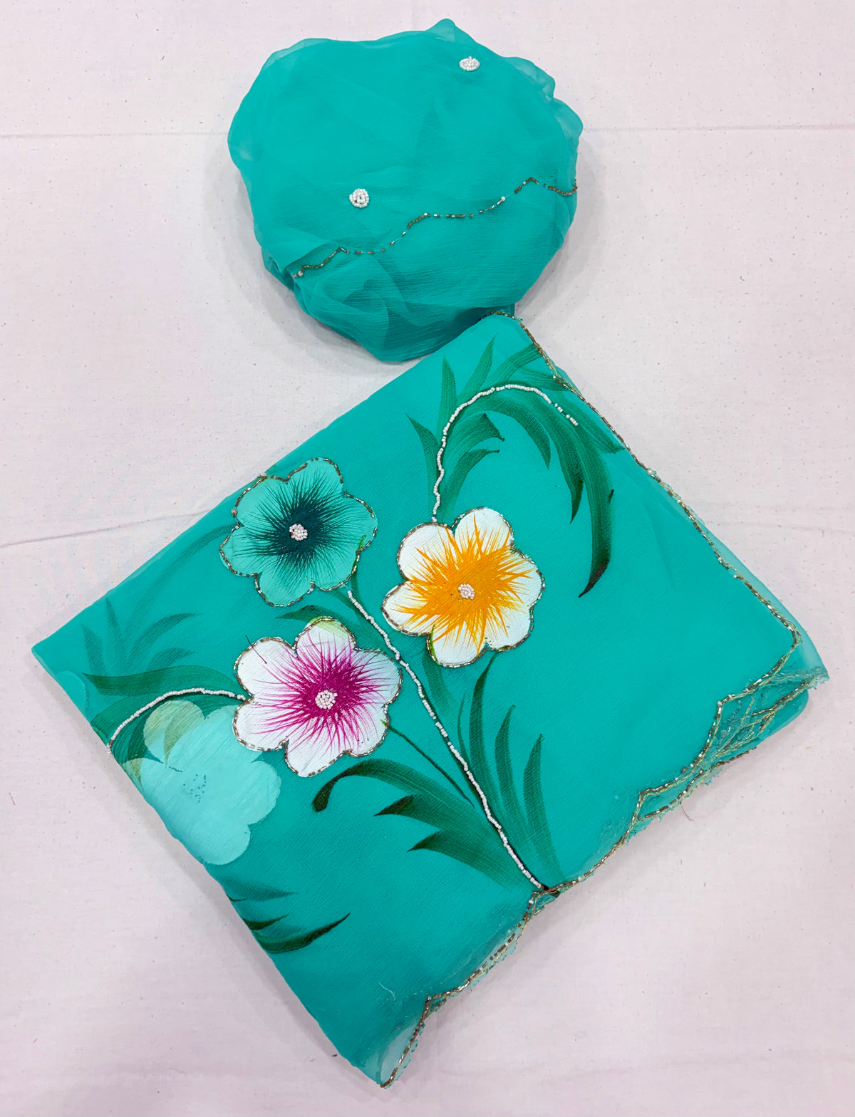 Exuberant Party Wear Pure Chiffon Silk Handbrush Print n Handwork Fancy Designer Saree With Blouse