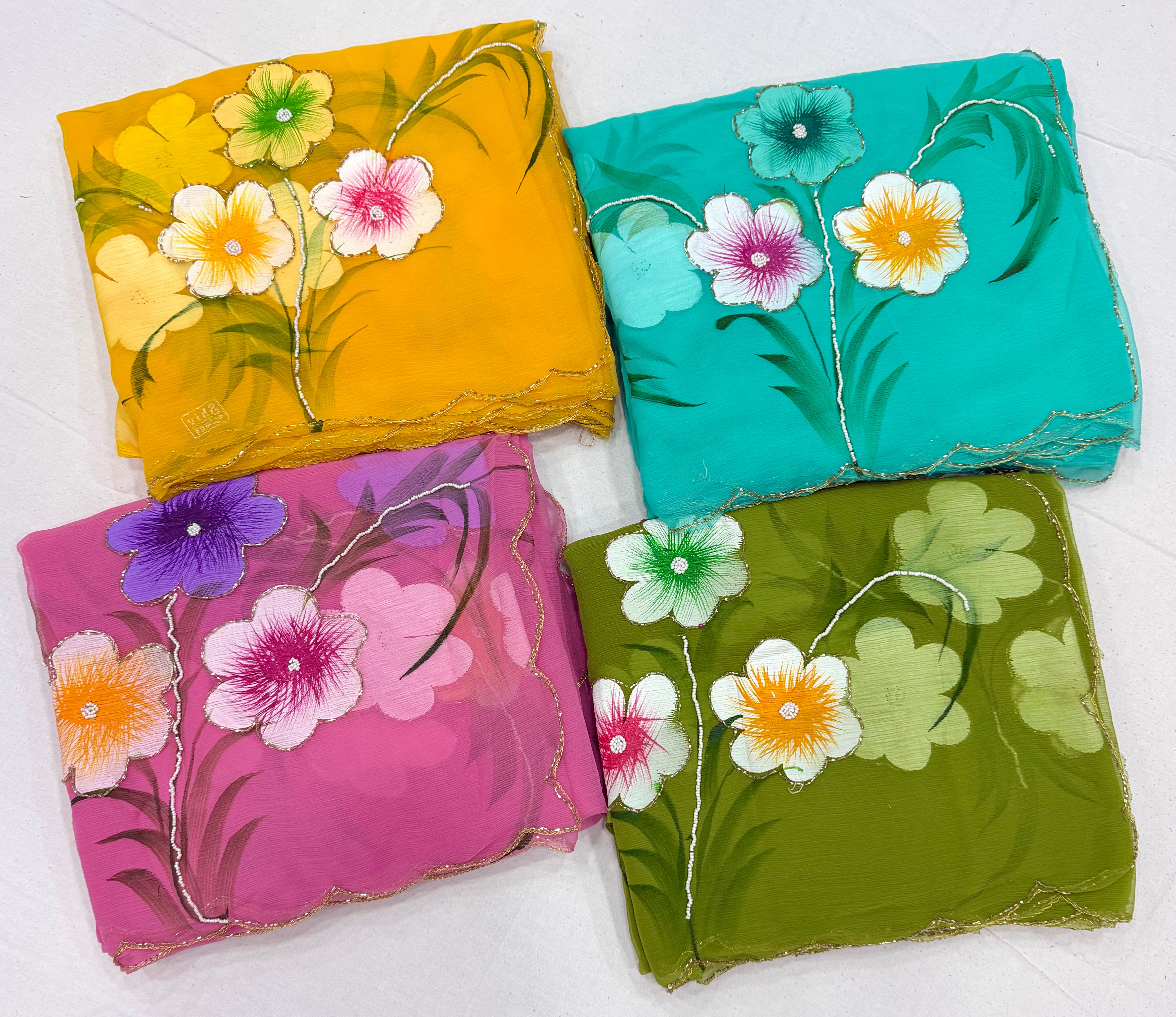 Exuberant Party Wear Pure Chiffon Silk Handbrush Print n Handwork Fancy Designer Saree With Blouse