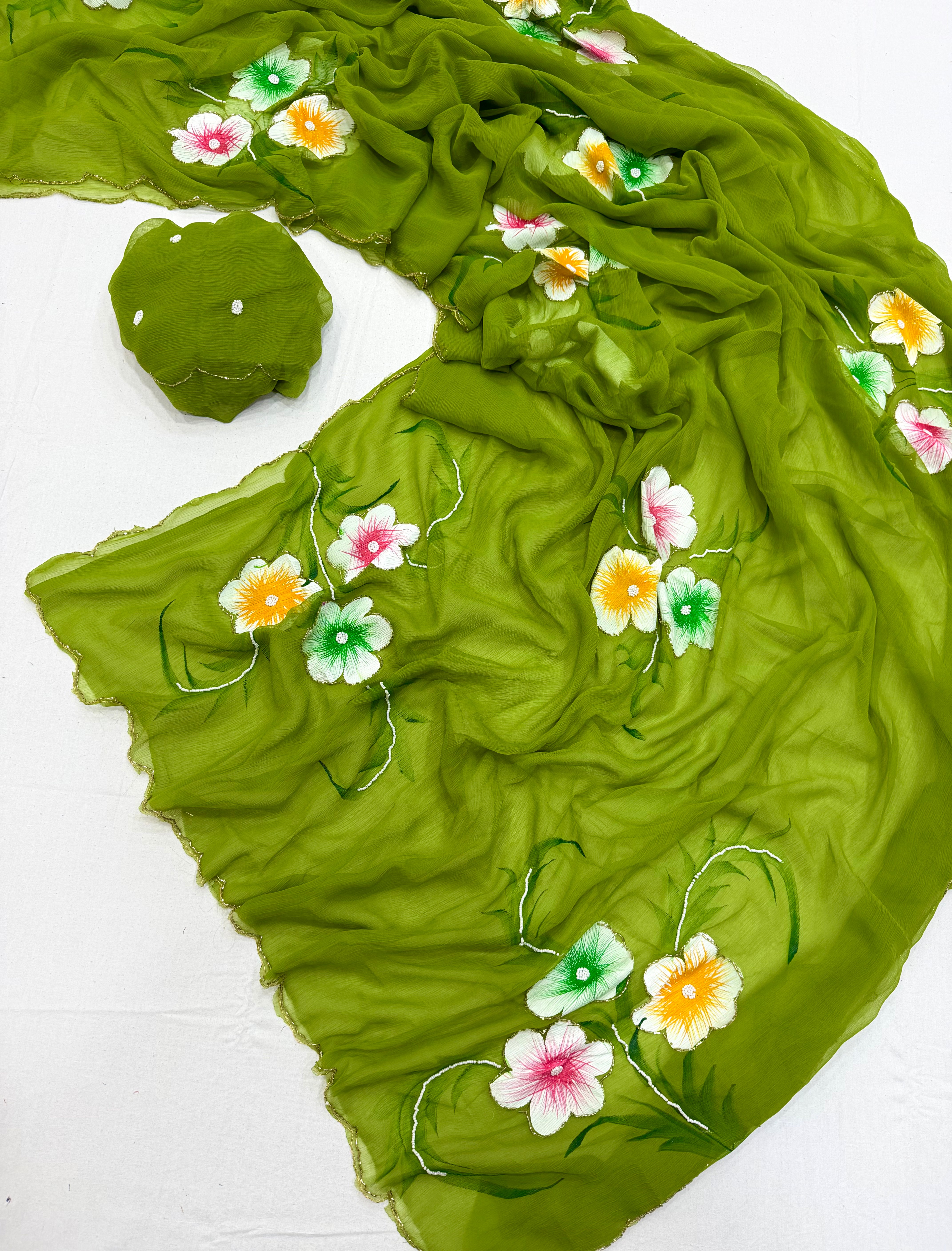 Exuberant Party Wear Pure Chiffon Silk Handbrush Print n Handwork Fancy Designer Saree With Blouse