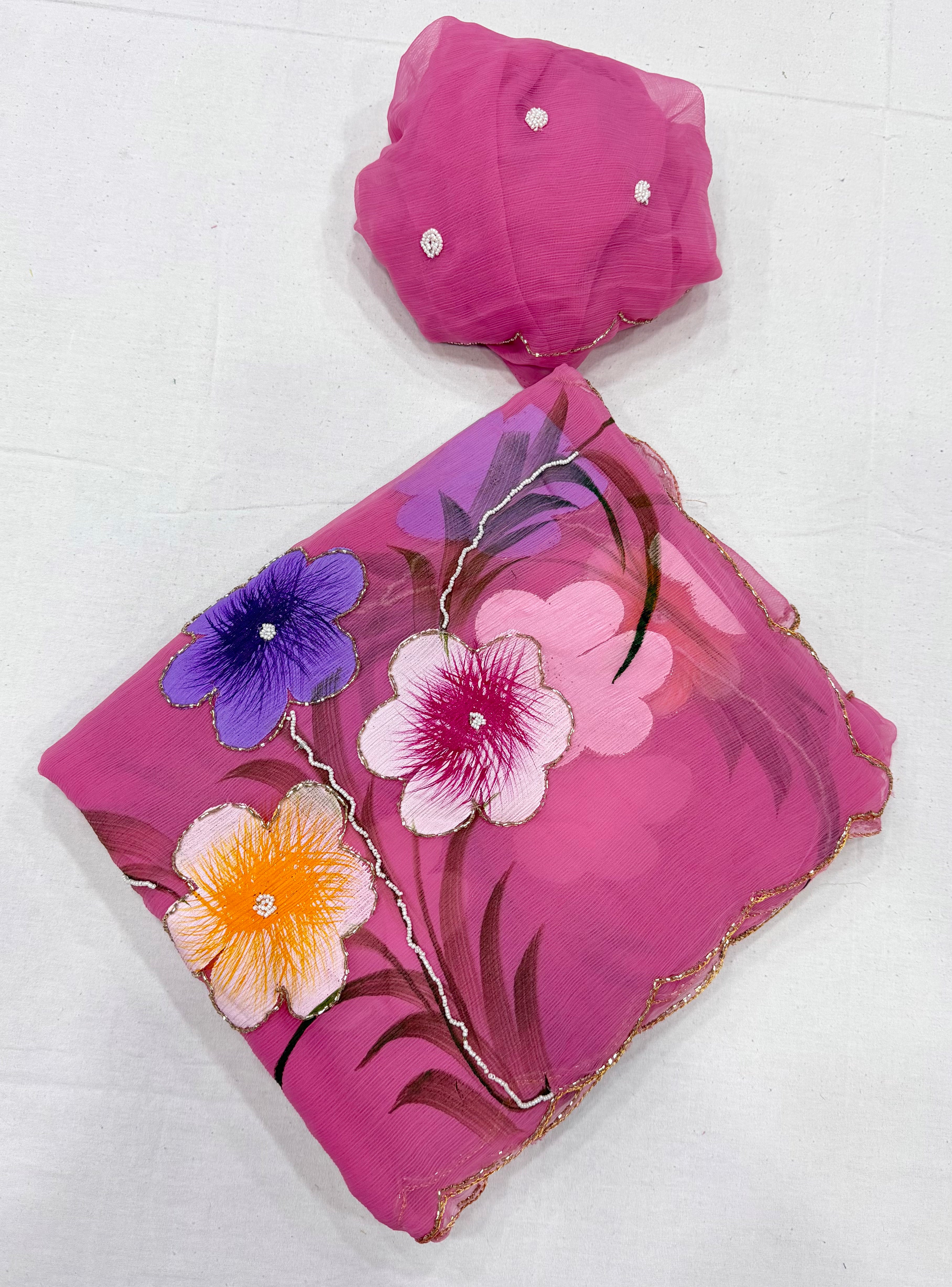 Exuberant Party Wear Pure Chiffon Silk Handbrush Print n Handwork Fancy Designer Saree With Blouse
