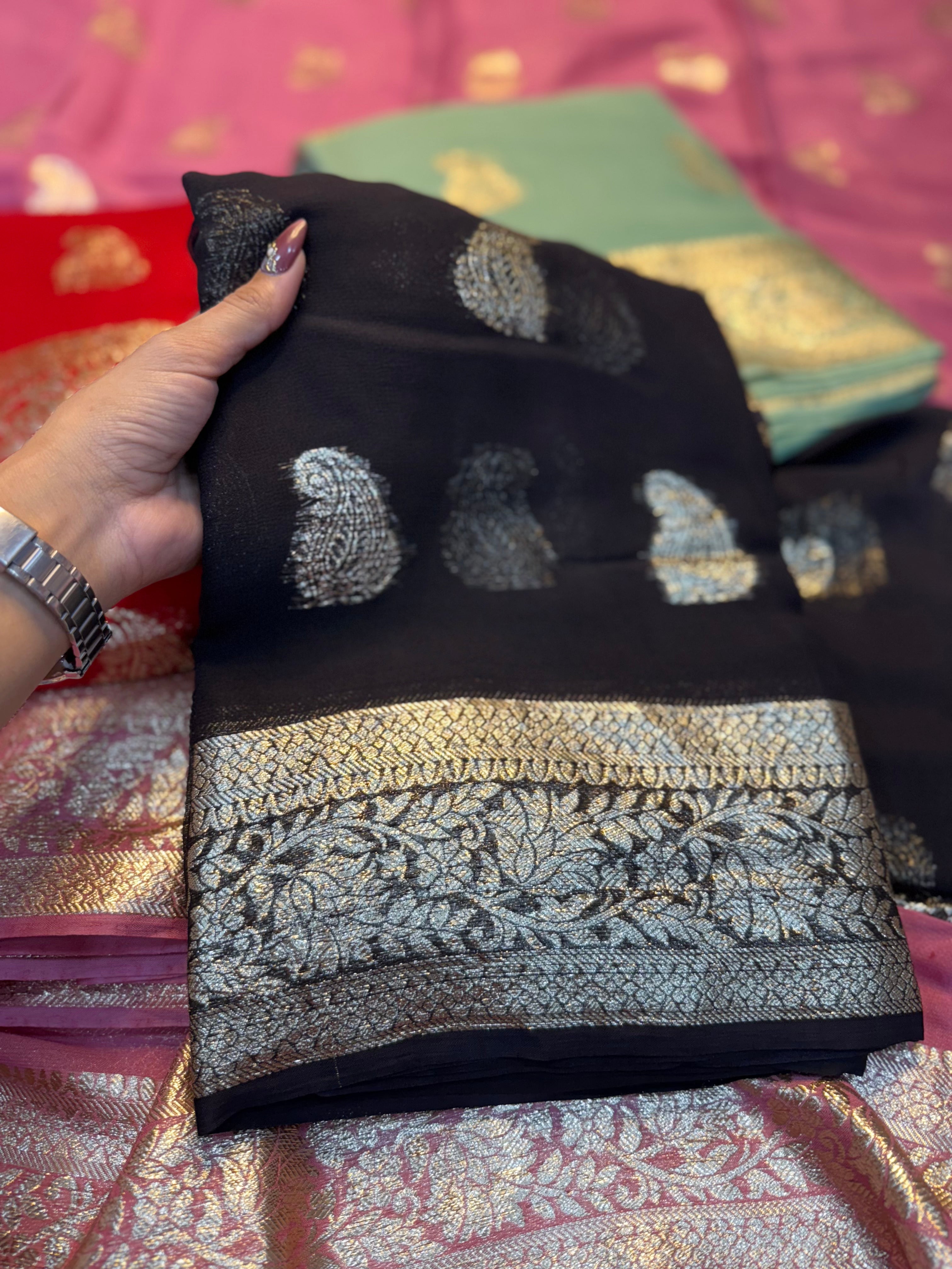 Desiring Viscose Georgette Jacquard Zari Work Saree With Staggering Blouse Piece