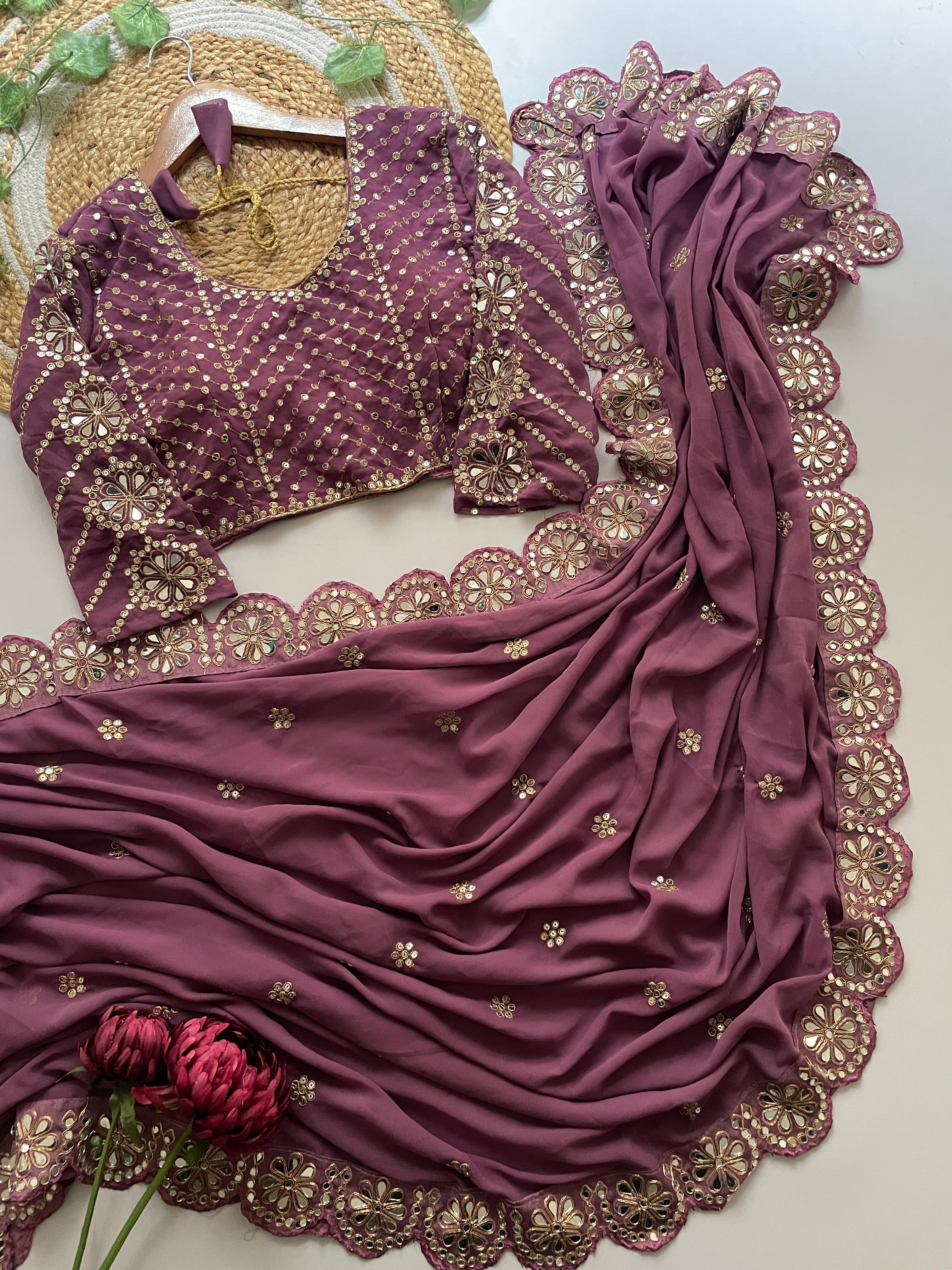 Blossom Party Wear Faux Georgette Sequence Heavy Border n Real Mirror Work Fancy Designer Saree With Unstitched Blouse