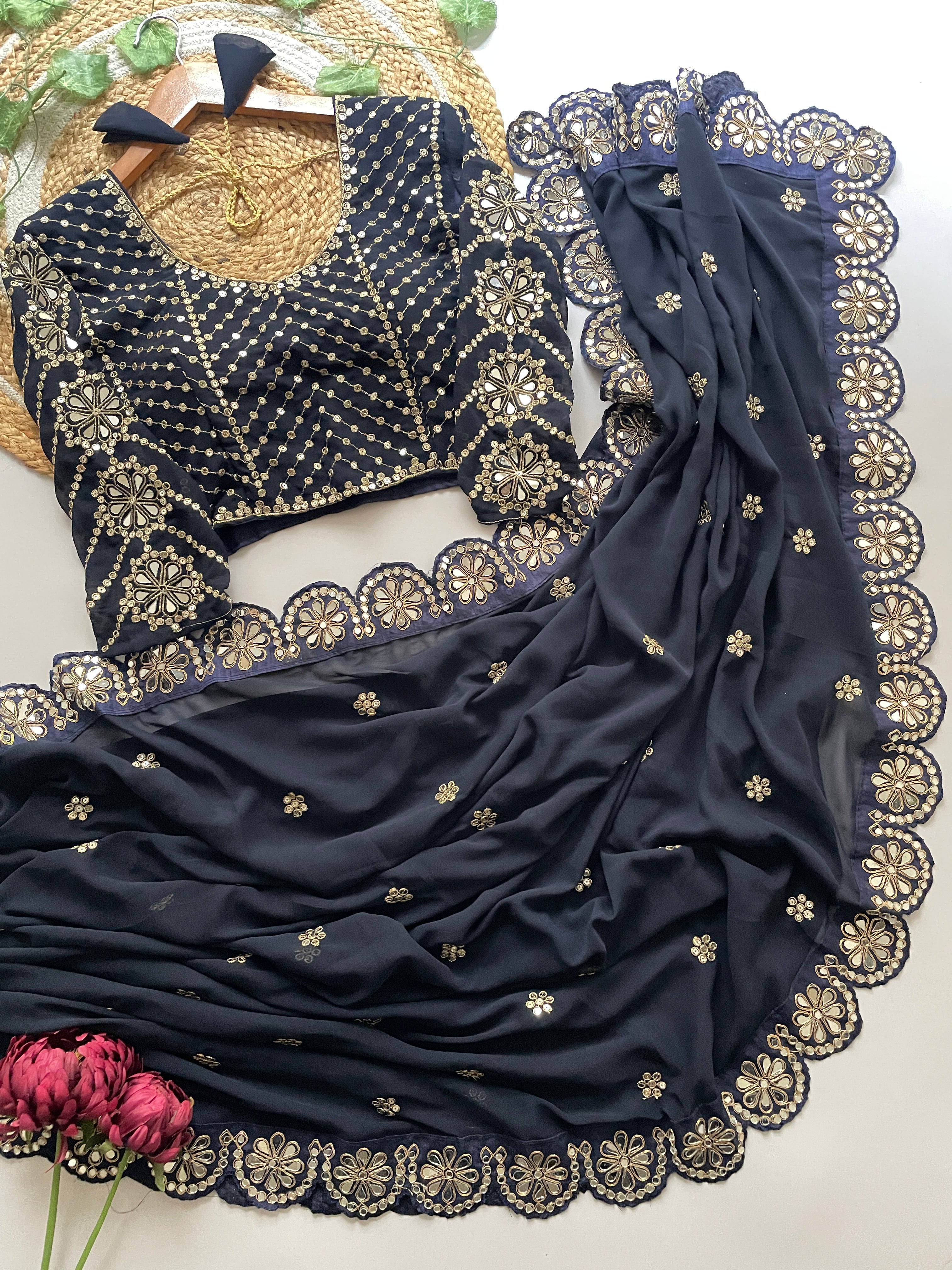 Blossom Party Wear Faux Georgette Sequence Heavy Border n Real Mirror Work Fancy Designer Saree With Unstitched Blouse