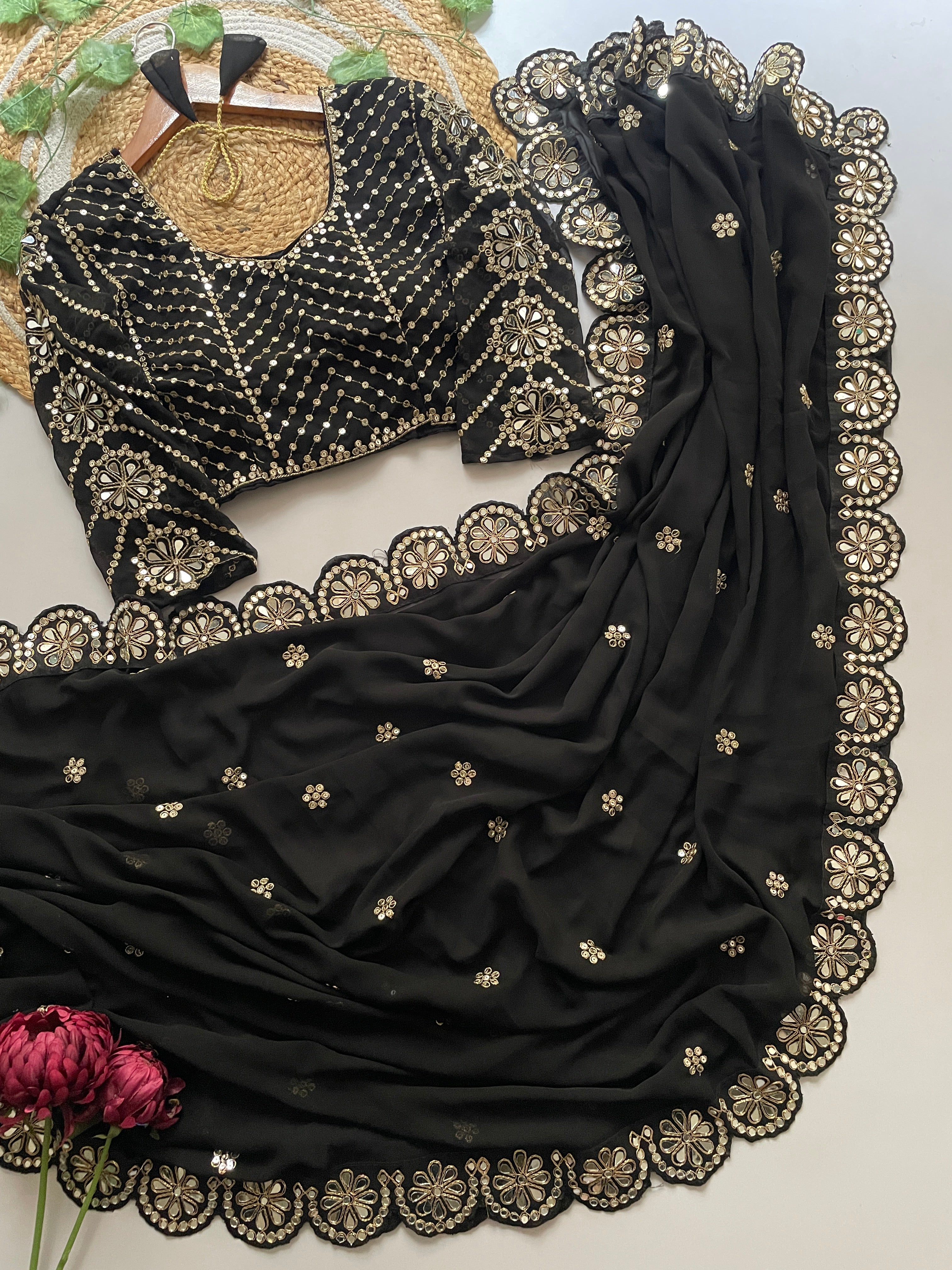 Blossom Party Wear Faux Georgette Sequence Heavy Border n Real Mirror Work Fancy Designer Saree With Unstitched Blouse