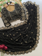 Load image into Gallery viewer, Blossom Party Wear Faux Georgette Sequence Heavy Border n Real Mirror Work Fancy Designer Saree With Unstitched Blouse
