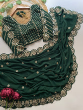 Load image into Gallery viewer, Blossom Party Wear Faux Georgette Sequence Heavy Border n Real Mirror Work Fancy Designer Saree With Unstitched Blouse
