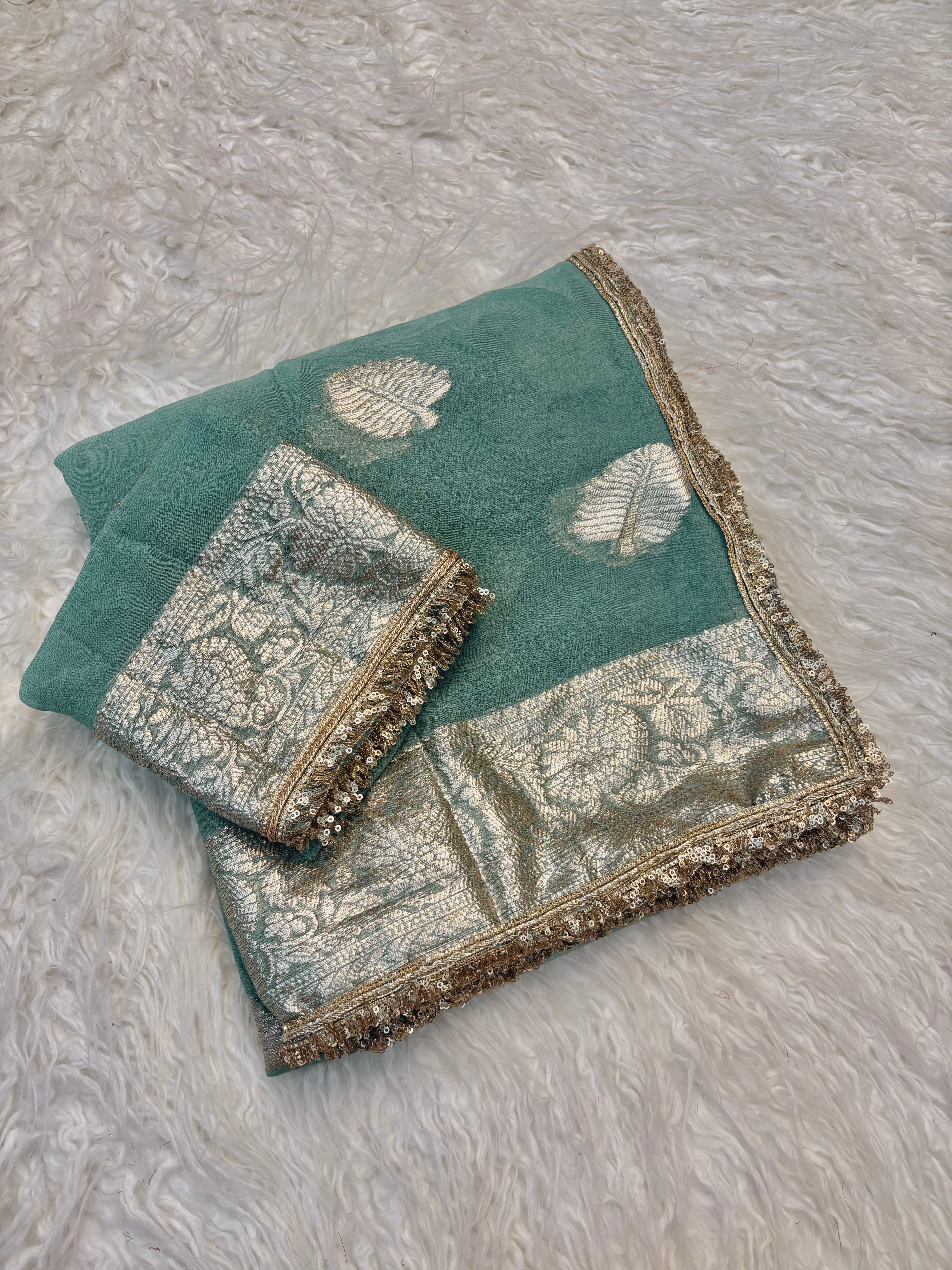 Captivating Wedding Wear Viscose Georgette Jacquard Zari Work Lace Border Designer Saree