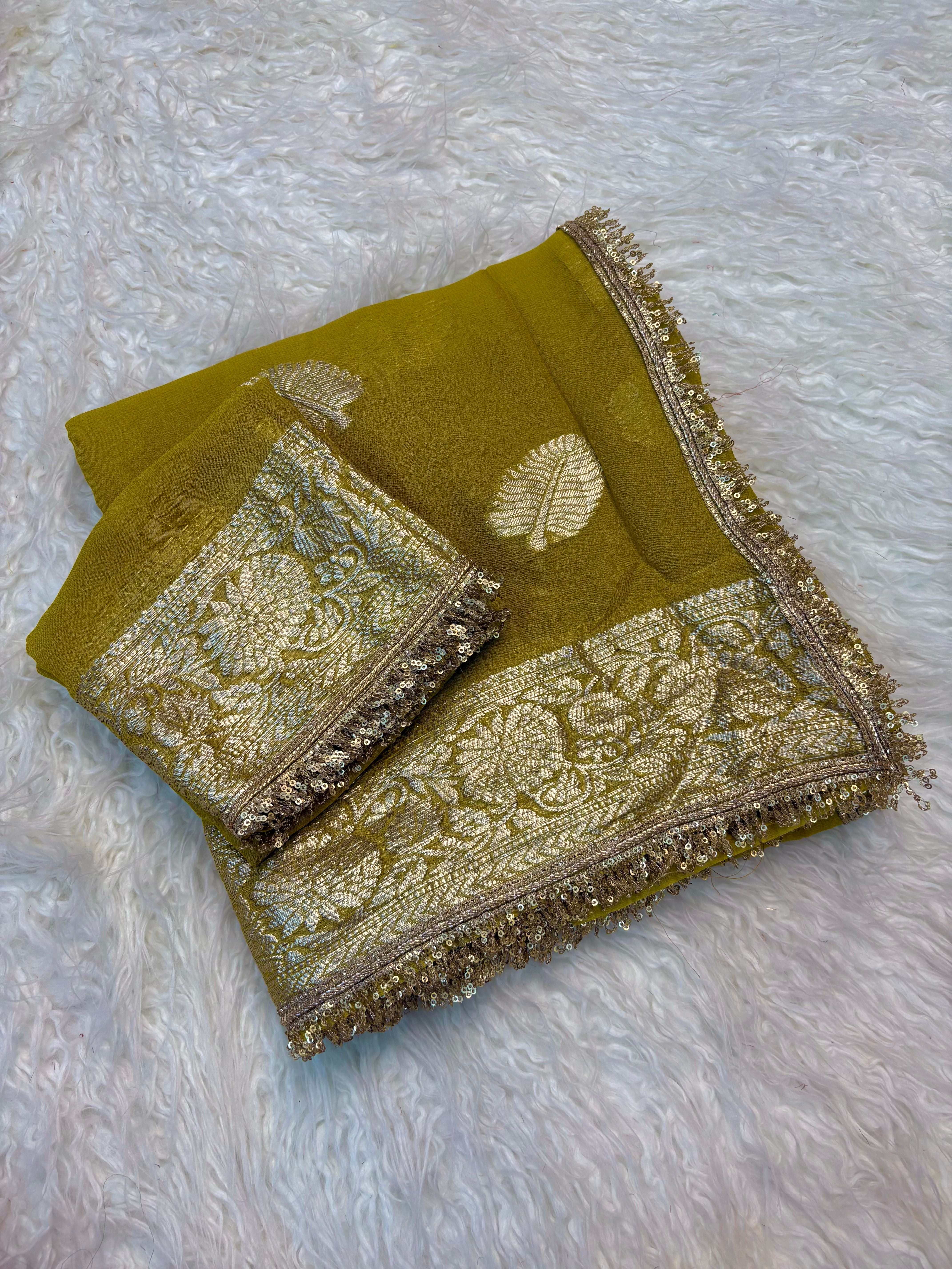 Captivating Wedding Wear Viscose Georgette Jacquard Zari Work Lace Border Designer Saree