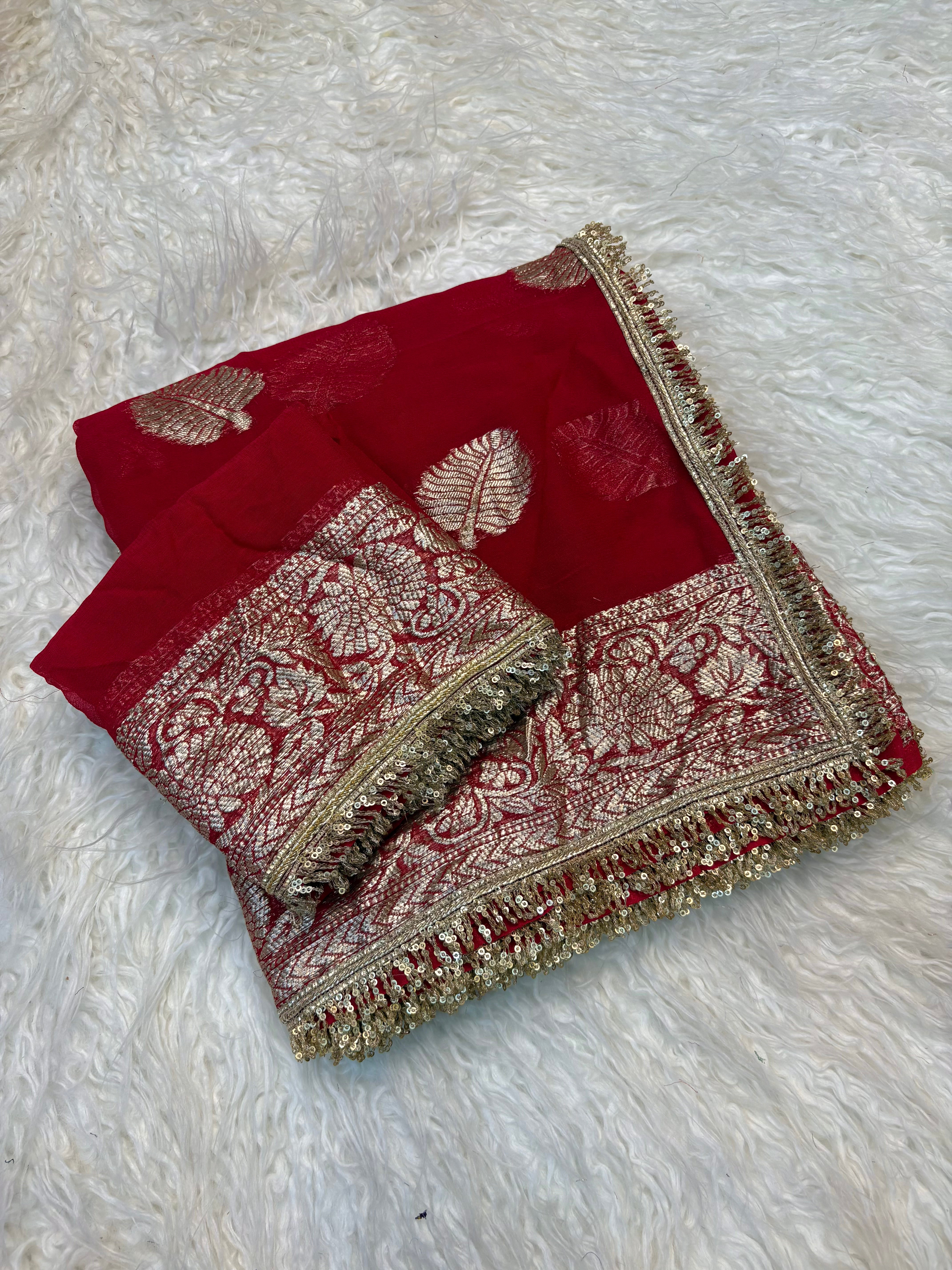 Captivating Wedding Wear Viscose Georgette Jacquard Zari Work Lace Border Designer Saree