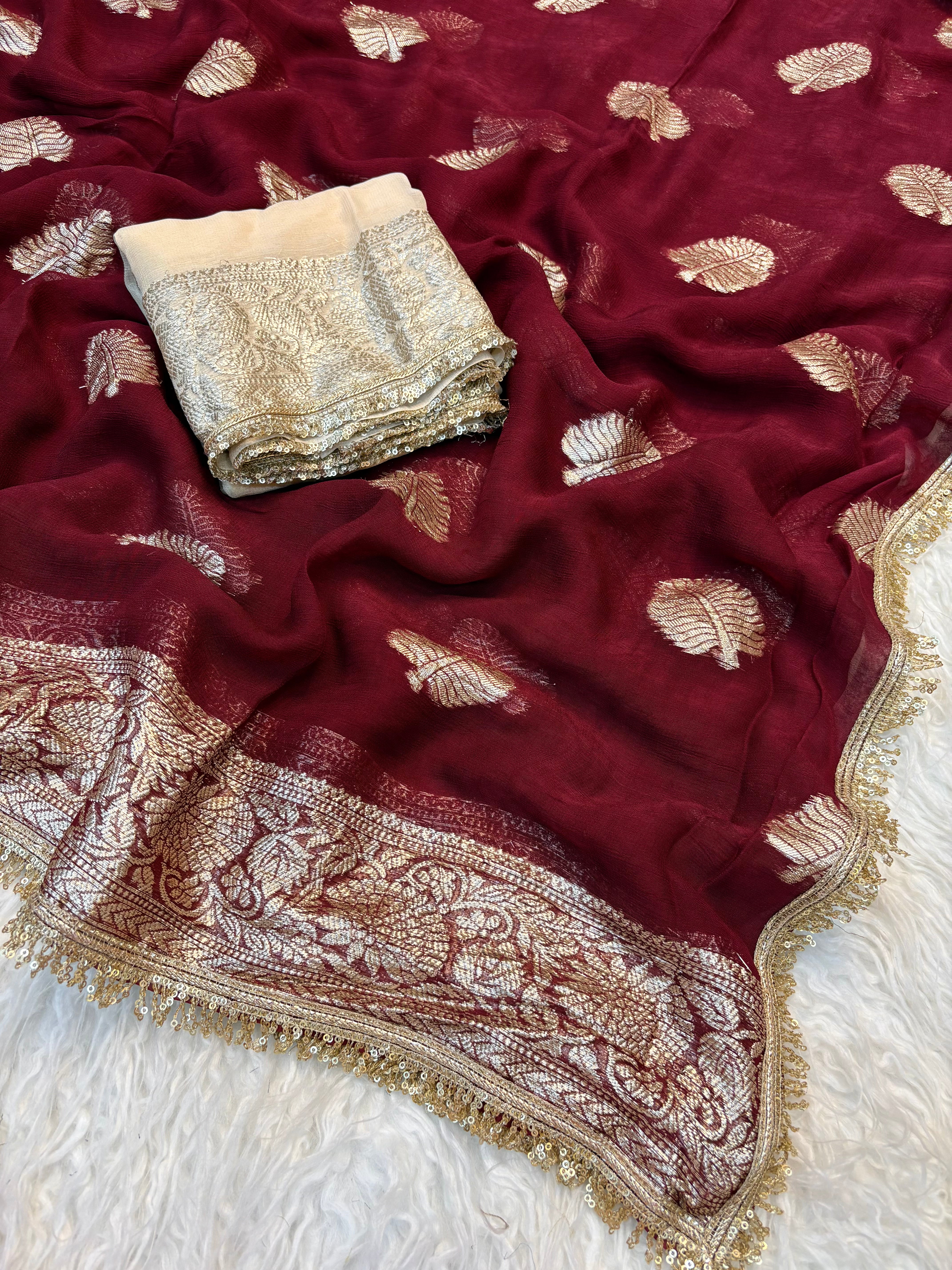 Captivating Wedding Wear Viscose Georgette Jacquard Zari Work Lace Border Designer Saree