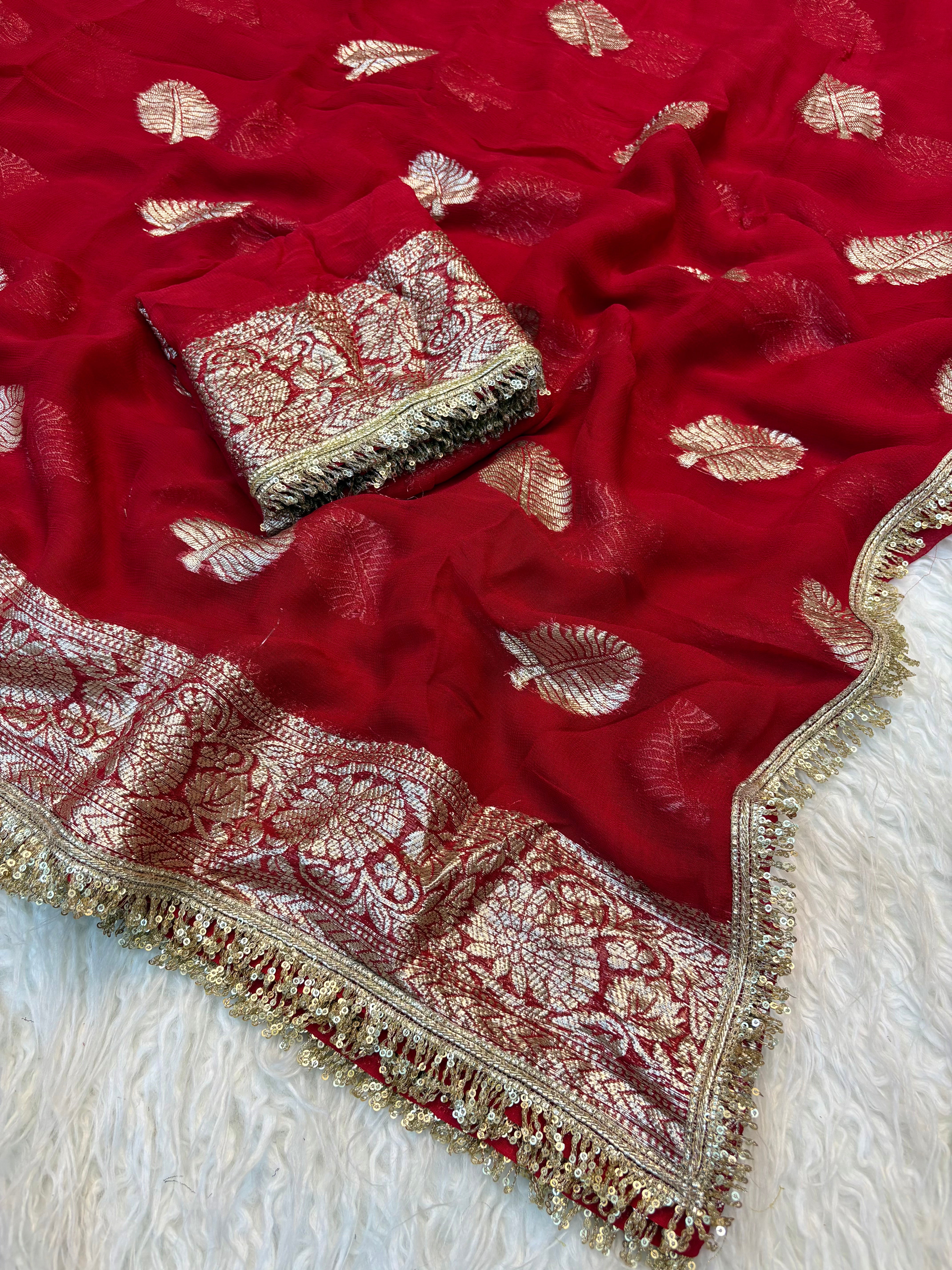 Captivating Wedding Wear Viscose Georgette Jacquard Zari Work Lace Border Designer Saree