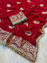 Load image into Gallery viewer, Captivating Wedding Wear Viscose Georgette Jacquard Zari Work Lace Border Designer Saree
