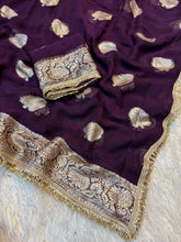 Load image into Gallery viewer, Captivating Wedding Wear Viscose Georgette Jacquard Zari Work Lace Border Designer Saree

