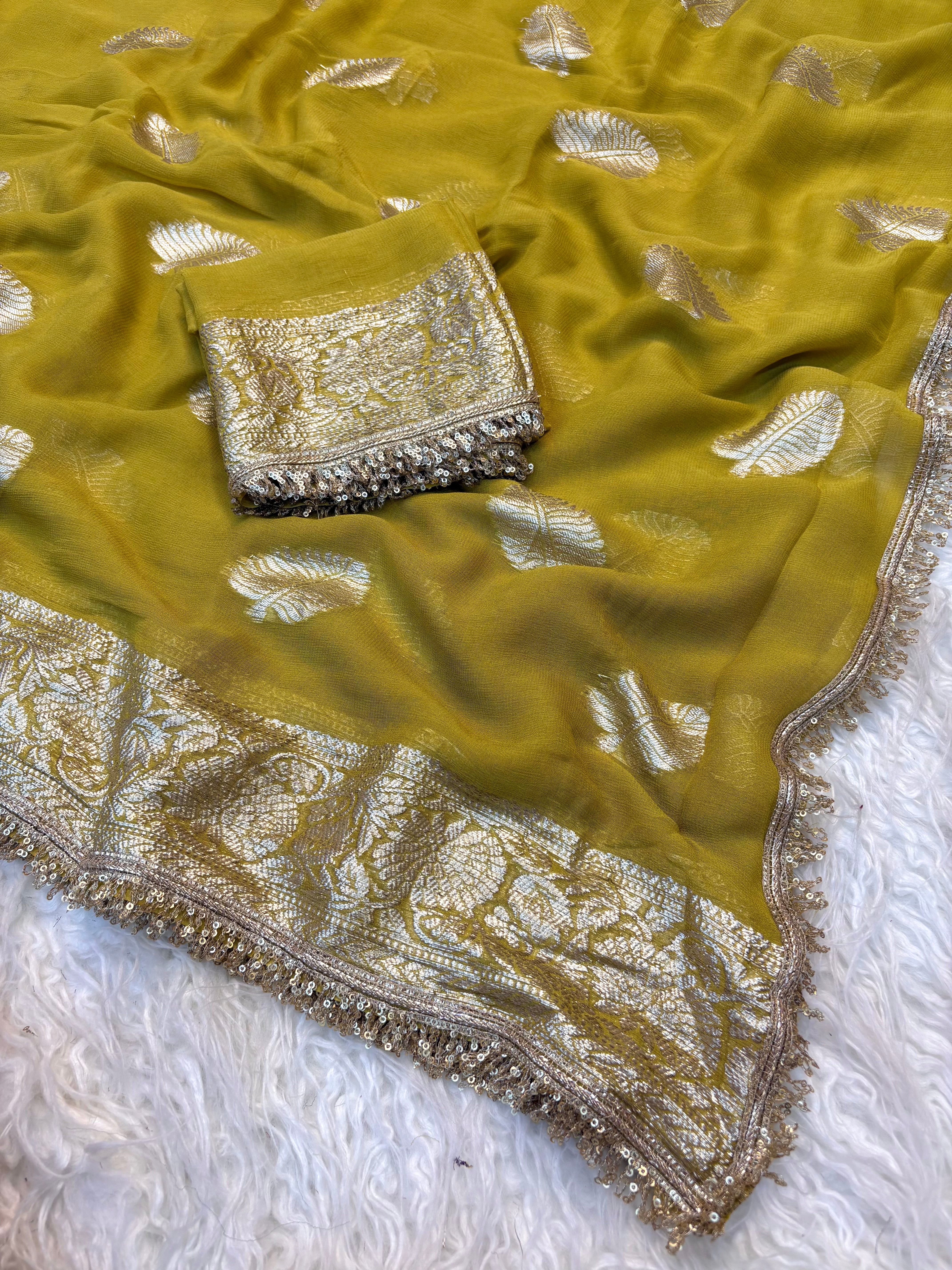 Captivating Wedding Wear Viscose Georgette Jacquard Zari Work Lace Border Designer Saree