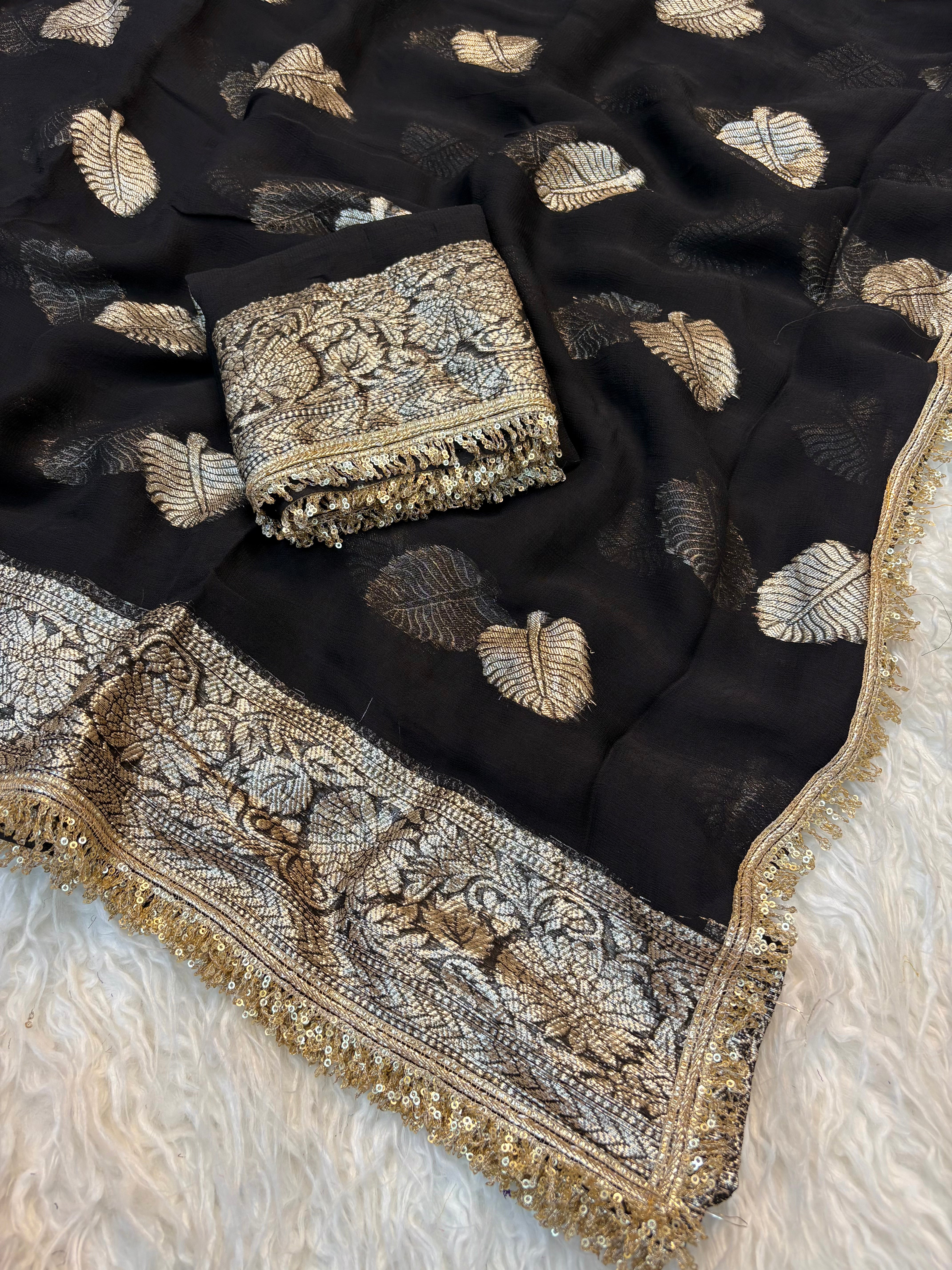Captivating Wedding Wear Viscose Georgette Jacquard Zari Work Lace Border Designer Saree
