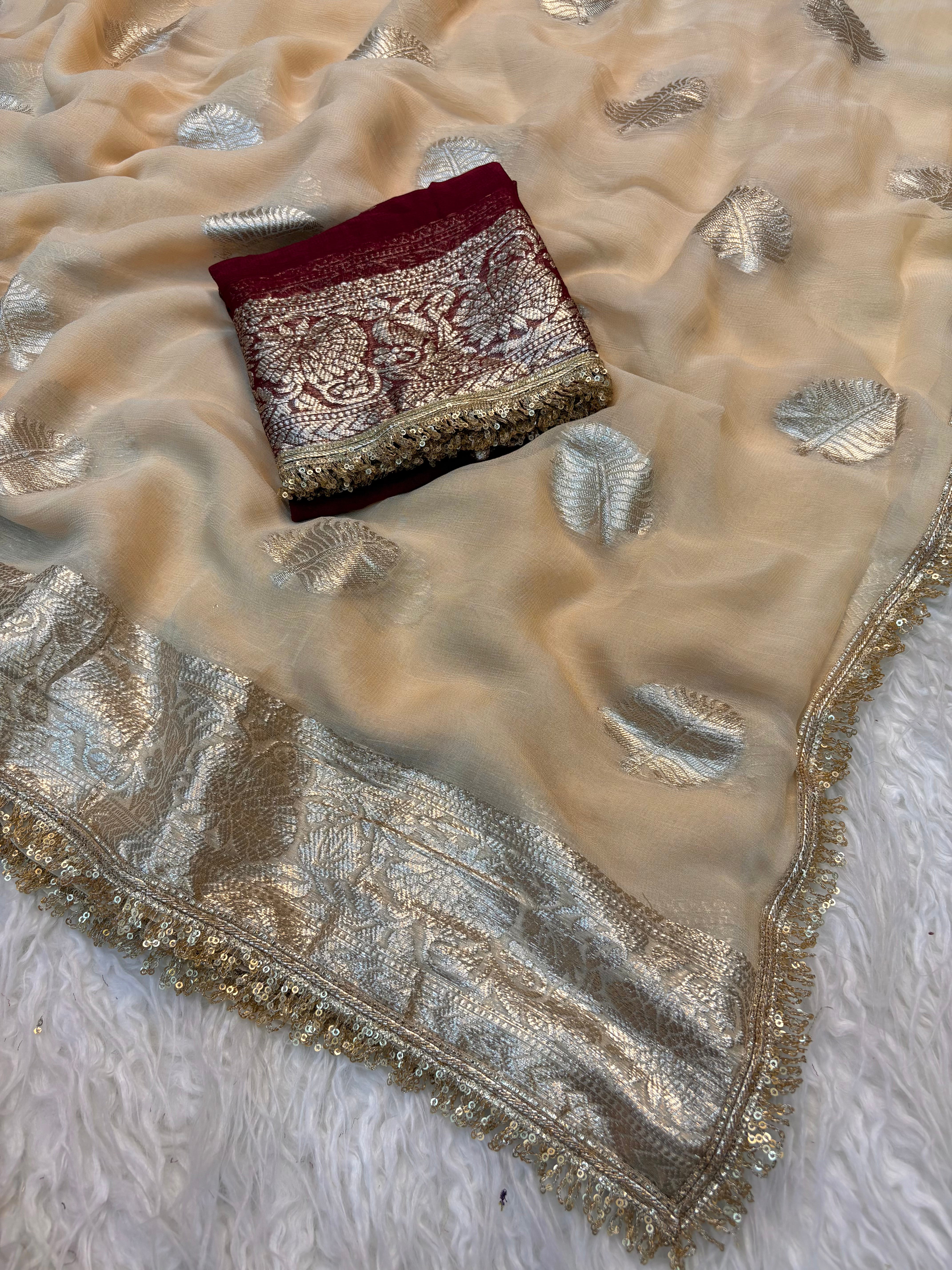Captivating Wedding Wear Viscose Georgette Jacquard Zari Work Lace Border Designer Saree