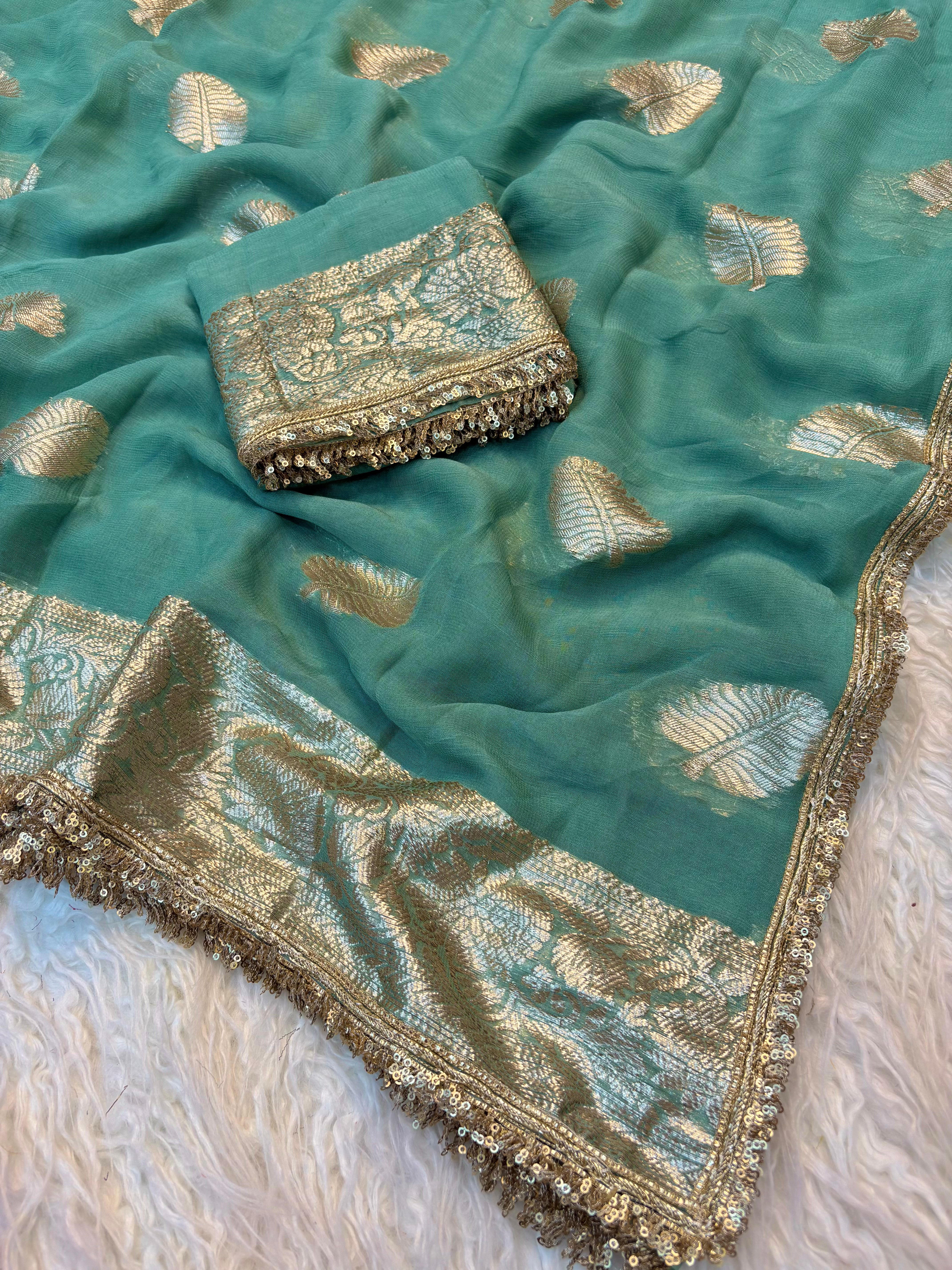 Captivating Wedding Wear Viscose Georgette Jacquard Zari Work Lace Border Designer Saree