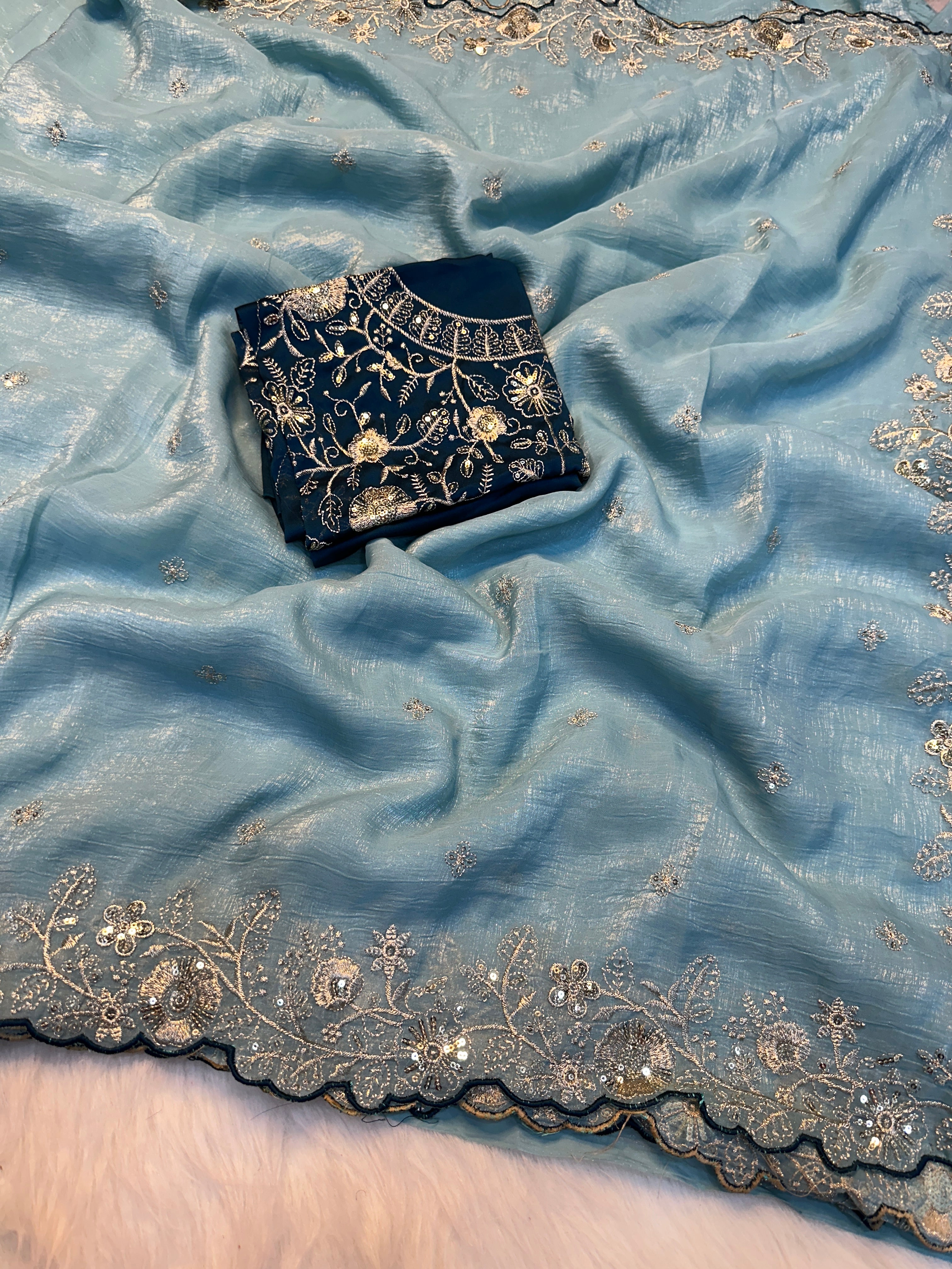 Gratifying Party Wear Crush Silk Sequence Work Fancy Saree With Blissful Blouse Piece