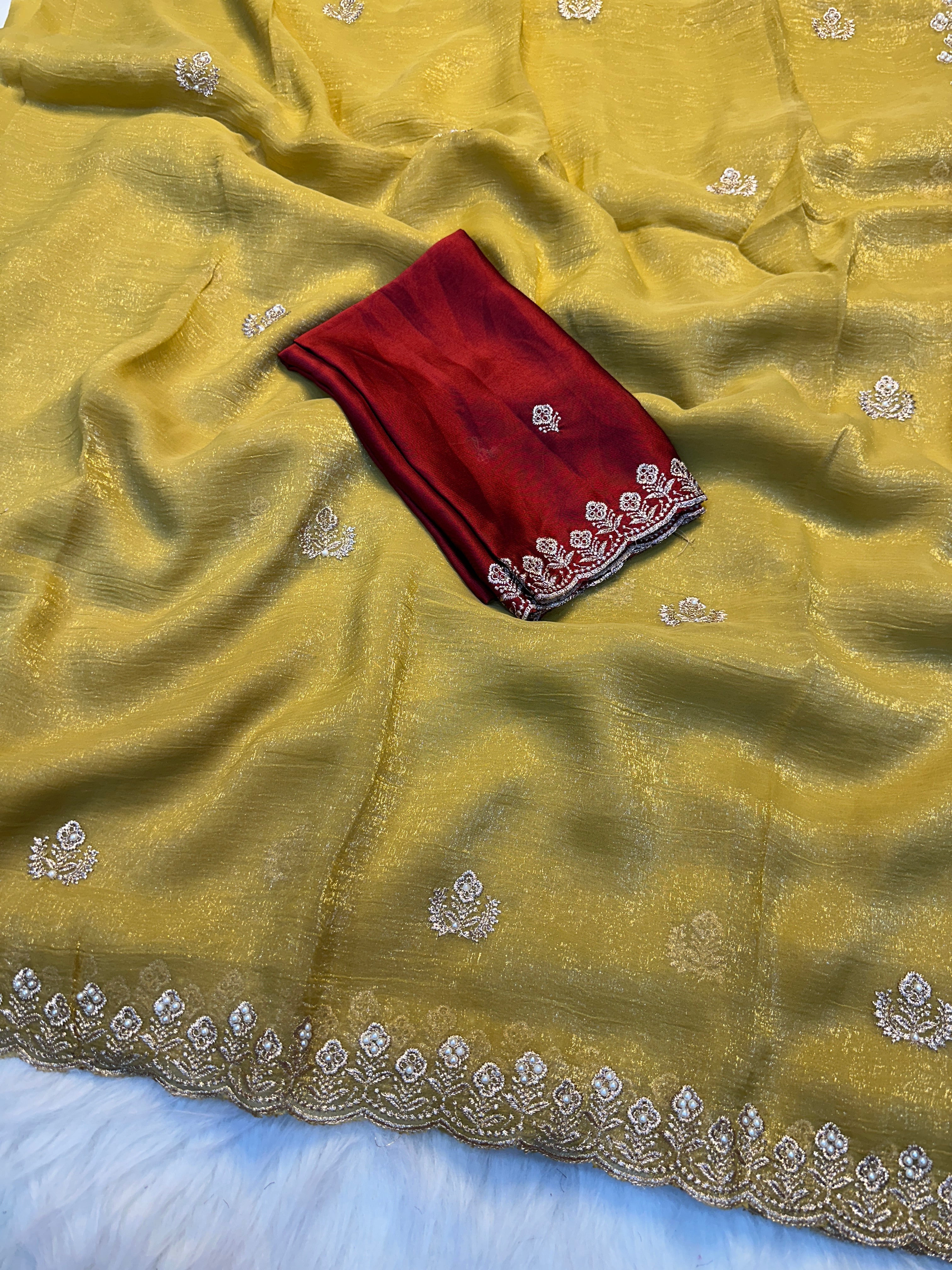 Adorable Function Wear Crush Silk Embroidery Sequence Work Fancy Saree With Contrast Blouse Piece