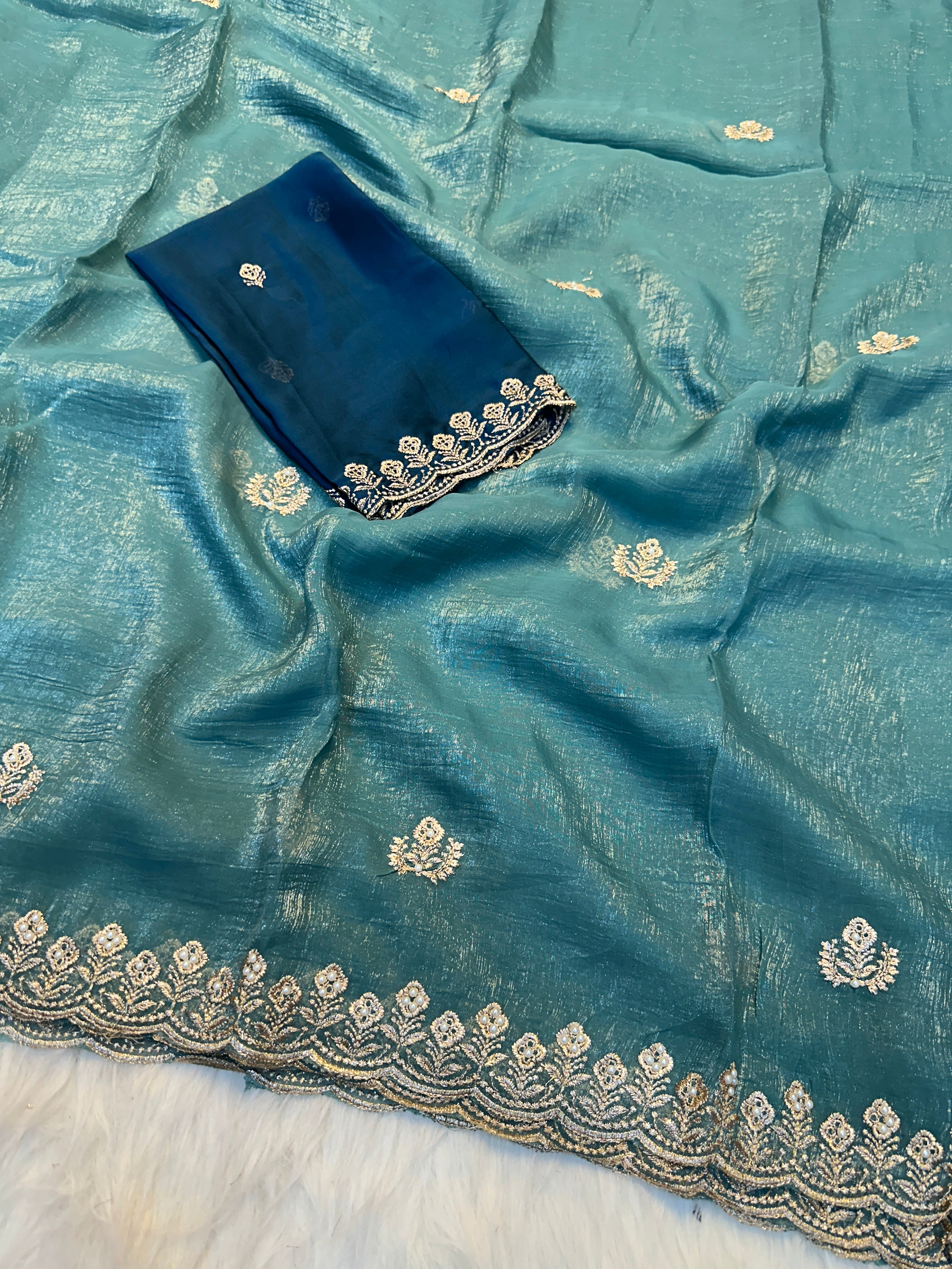 Adorable Function Wear Crush Silk Embroidery Sequence Work Fancy Saree With Contrast Blouse Piece