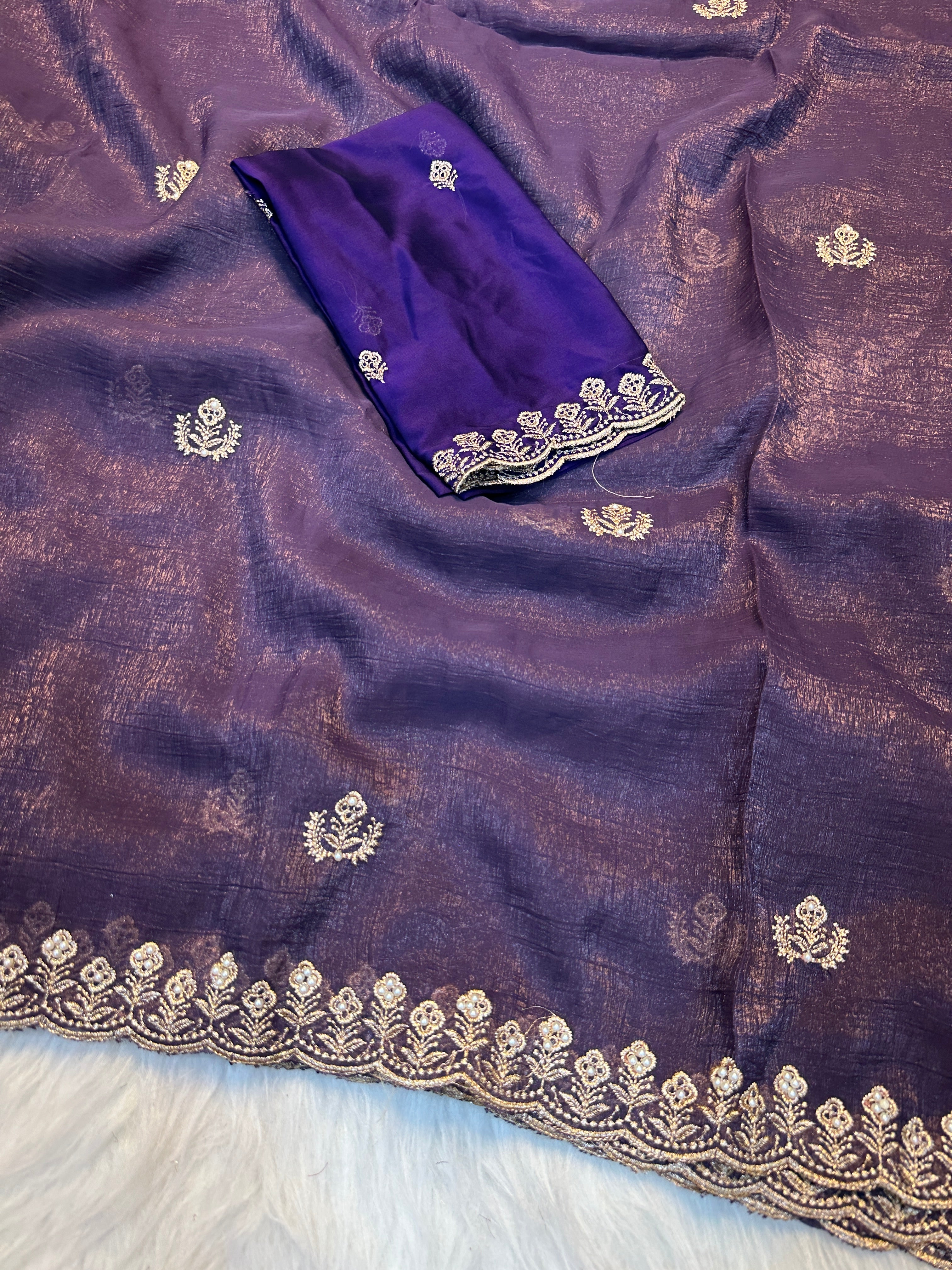 Adorable Function Wear Crush Silk Embroidery Sequence Work Fancy Saree With Contrast Blouse Piece