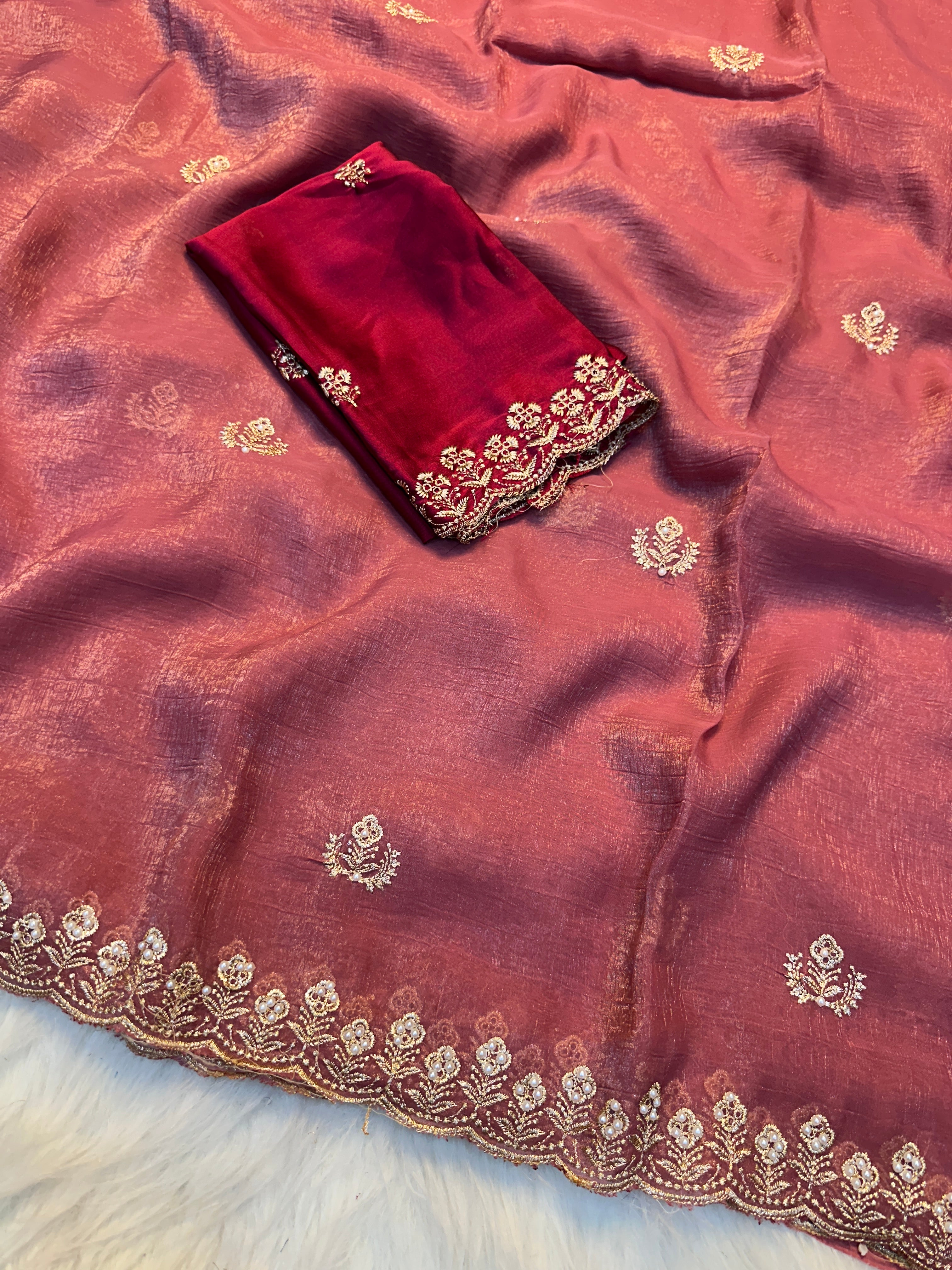 Adorable Function Wear Crush Silk Embroidery Sequence Work Fancy Saree With Contrast Blouse Piece
