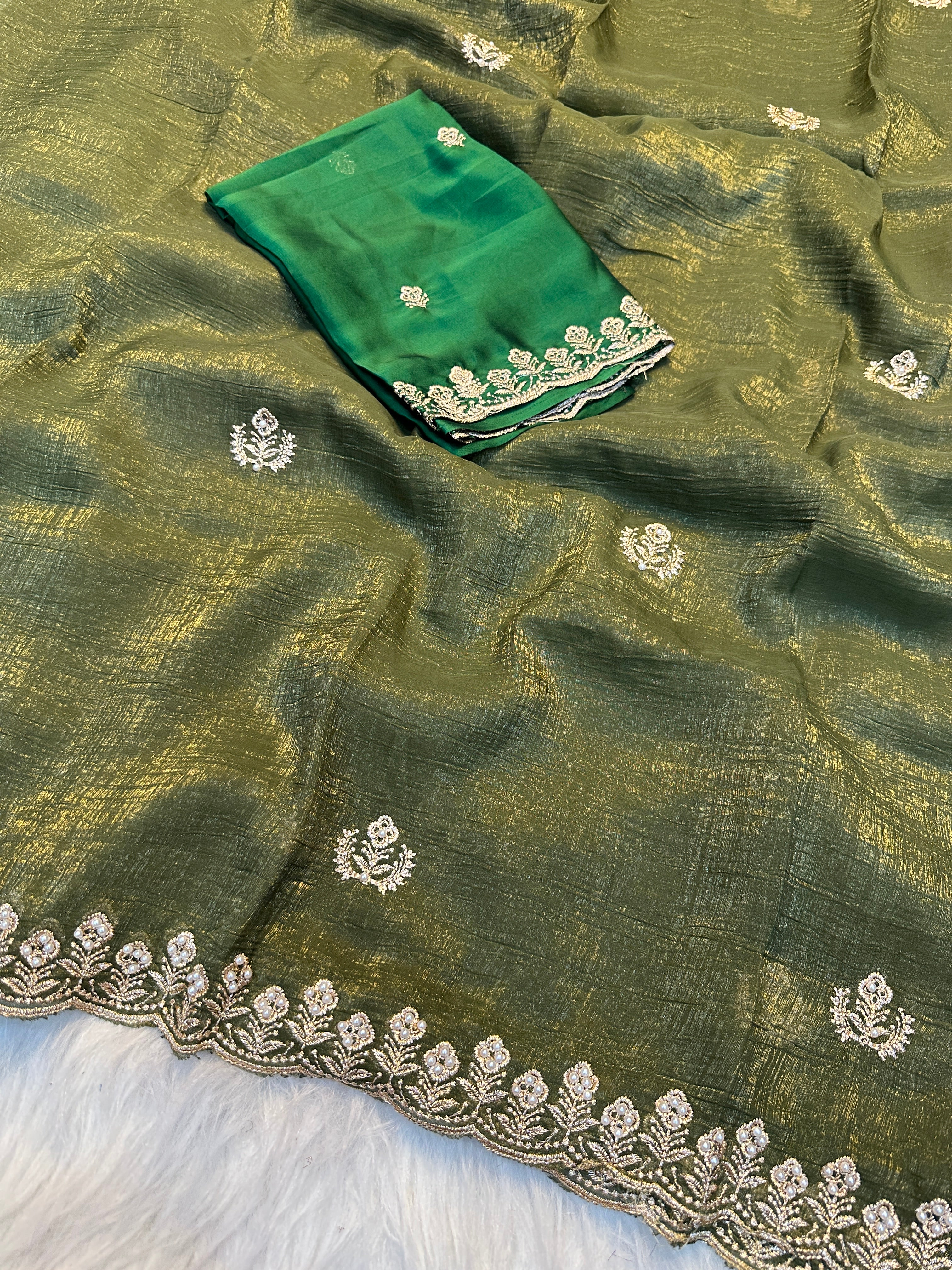 Adorable Function Wear Crush Silk Embroidery Sequence Work Fancy Saree With Contrast Blouse Piece
