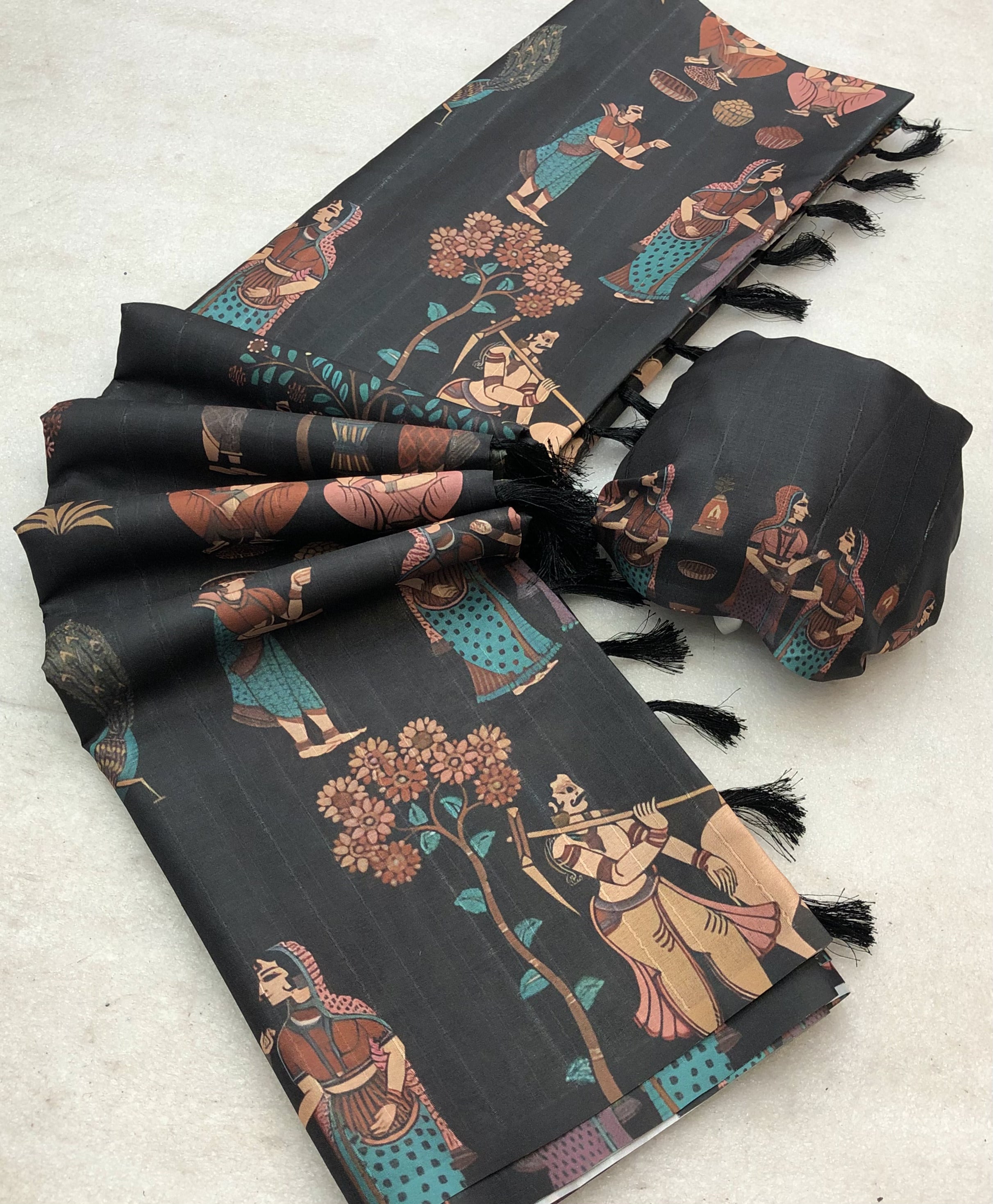 New Festive wear Black Color Handloom Tussar Silk Kalamkari Printed Fancy Designer Saree With Tussles on Pallu