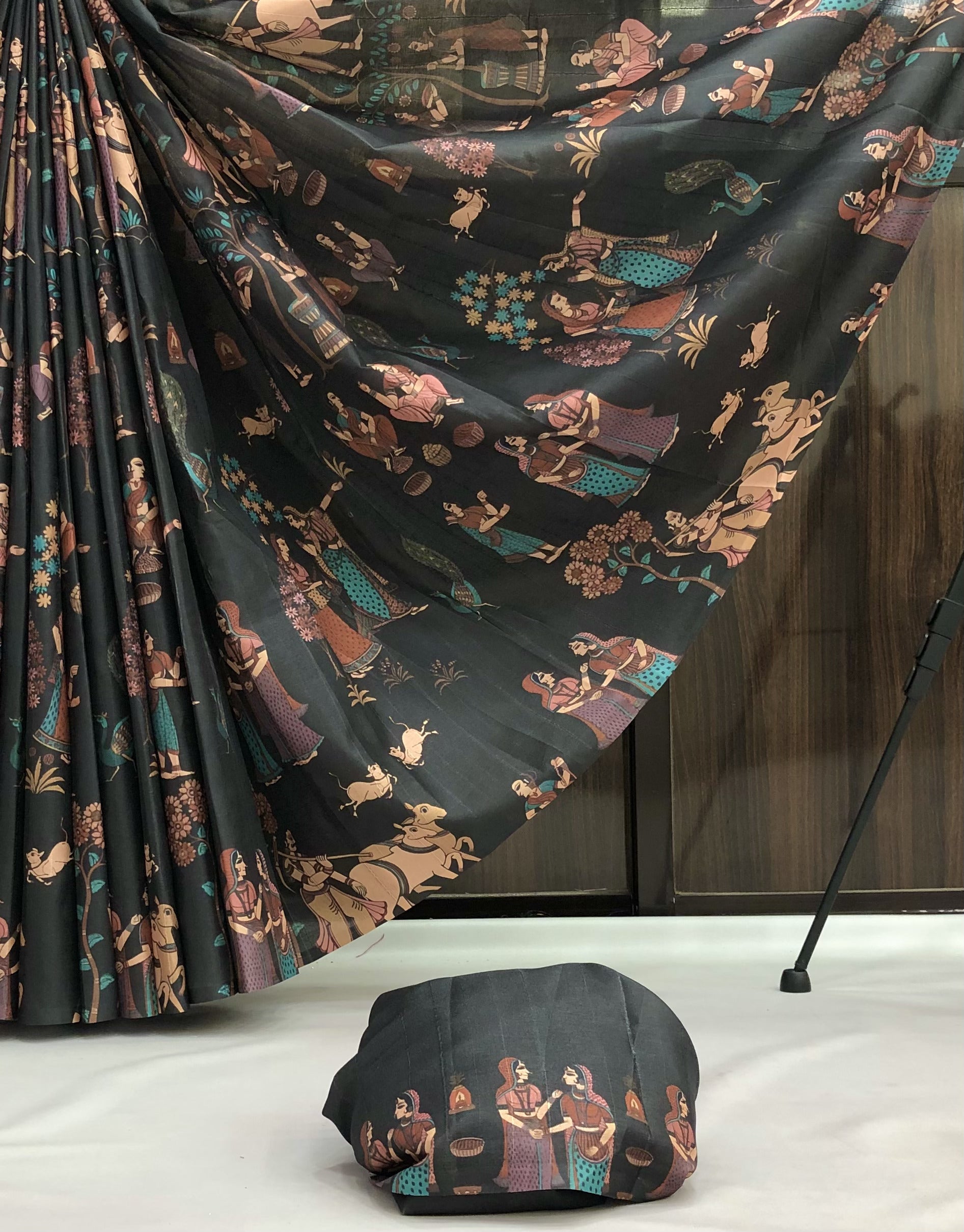 New Festive wear Black Color Handloom Tussar Silk Kalamkari Printed Fancy Designer Saree With Tussles on Pallu