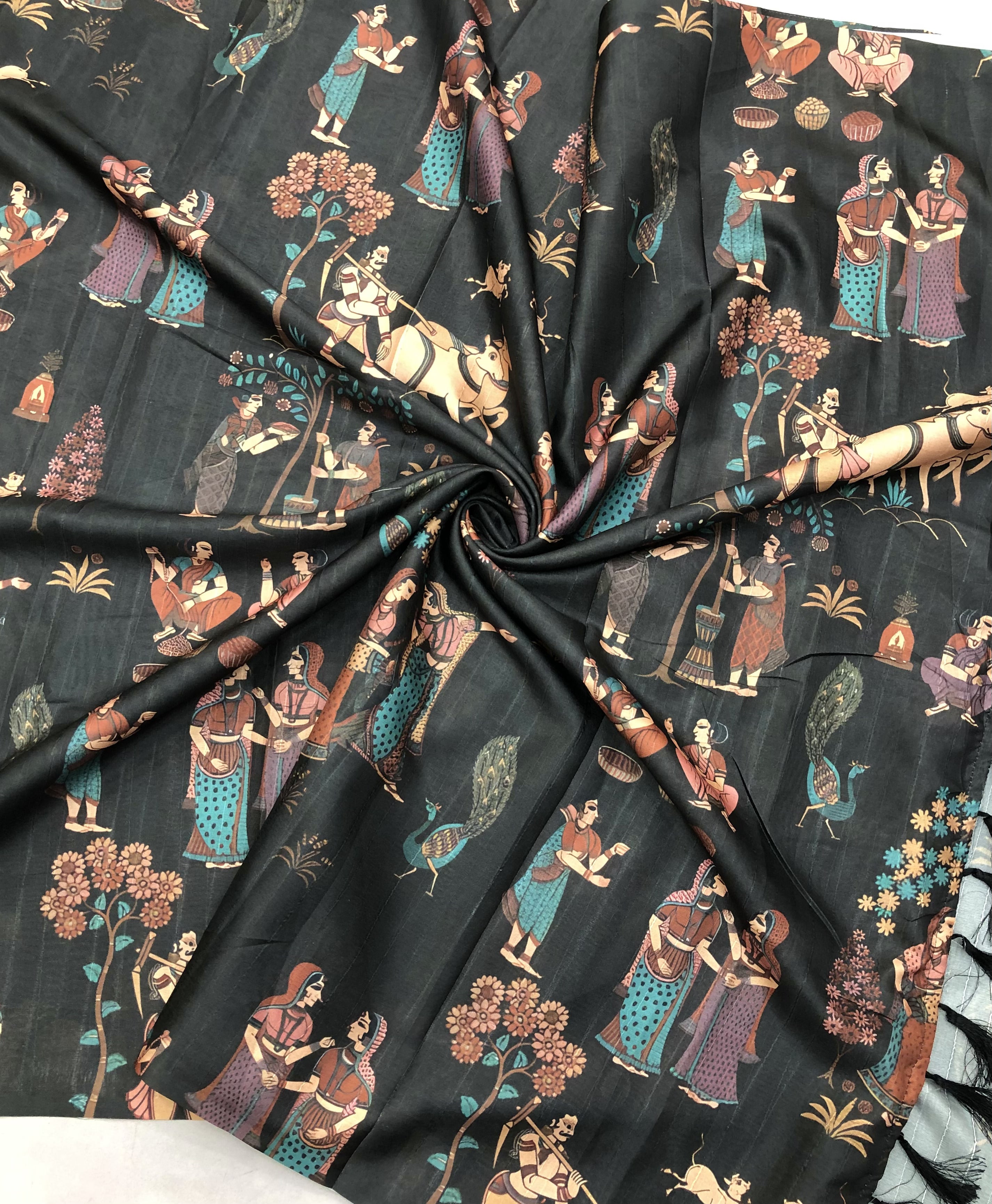 New Festive wear Black Color Handloom Tussar Silk Kalamkari Printed Fancy Designer Saree With Tussles on Pallu