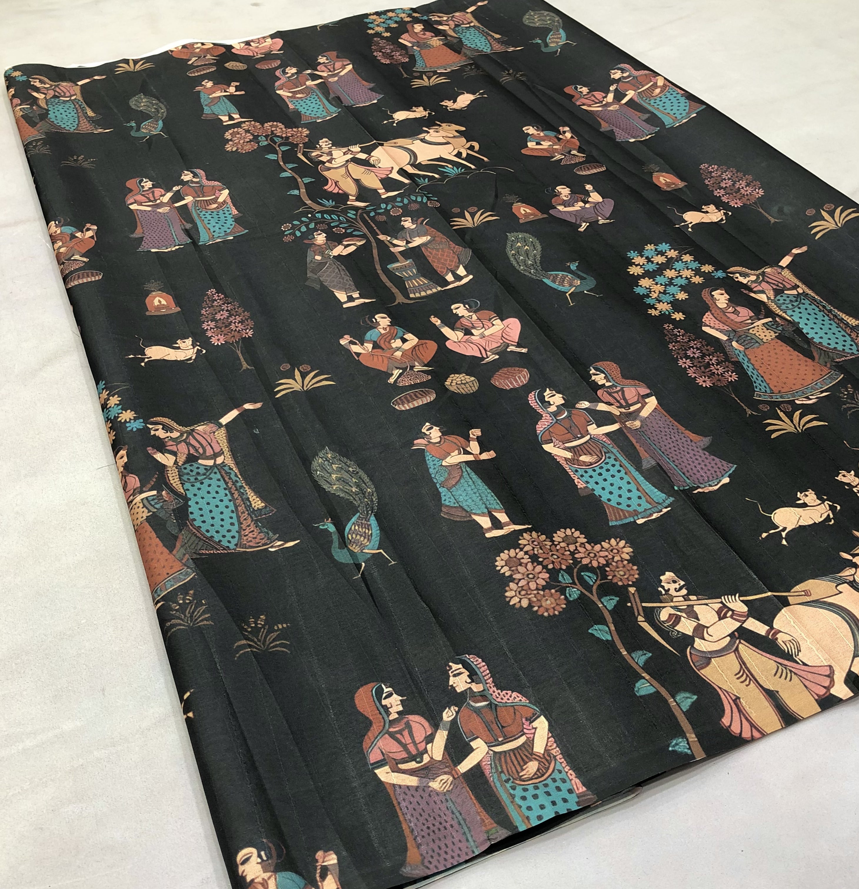 New Festive wear Black Color Handloom Tussar Silk Kalamkari Printed Fancy Designer Saree With Tussles on Pallu