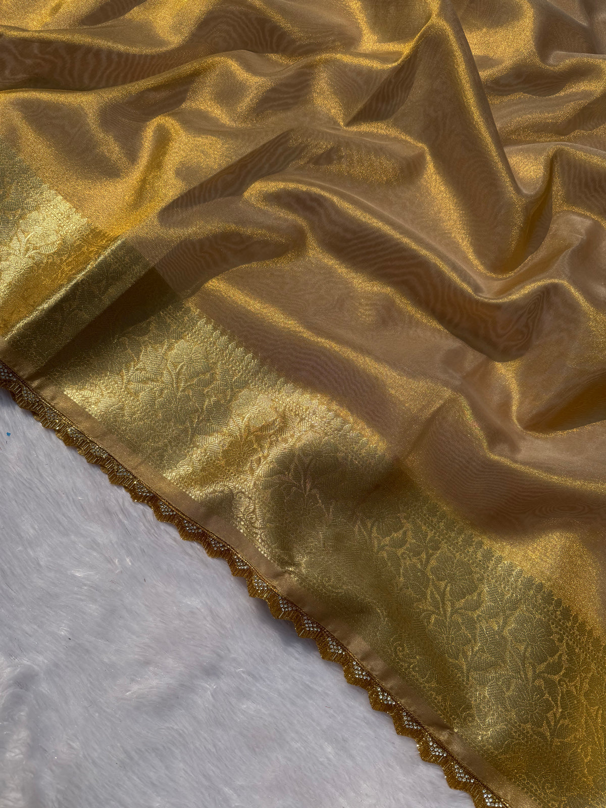 Adorning Function Wear Golden Colour Banarasi Tissue Silk Jacquared Zari Weaving n Lace Work Fancy Designer Saree