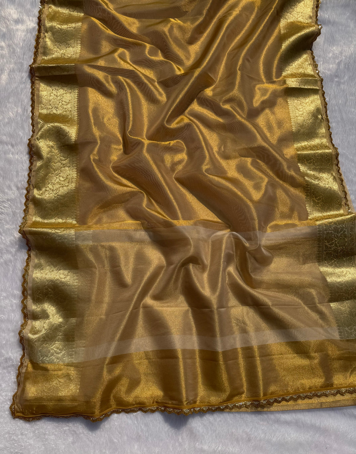 Adorning Function Wear Golden Colour Banarasi Tissue Silk Jacquared Zari Weaving n Lace Work Fancy Designer Saree