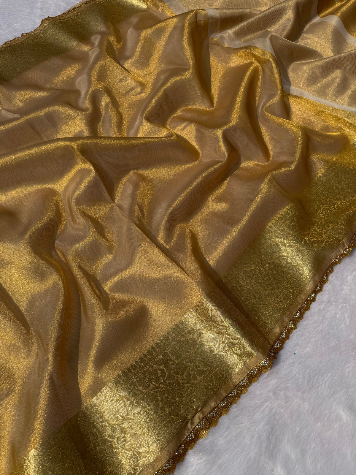 Adorning Function Wear Golden Colour Banarasi Tissue Silk Jacquared Zari Weaving n Lace Work Fancy Designer Saree