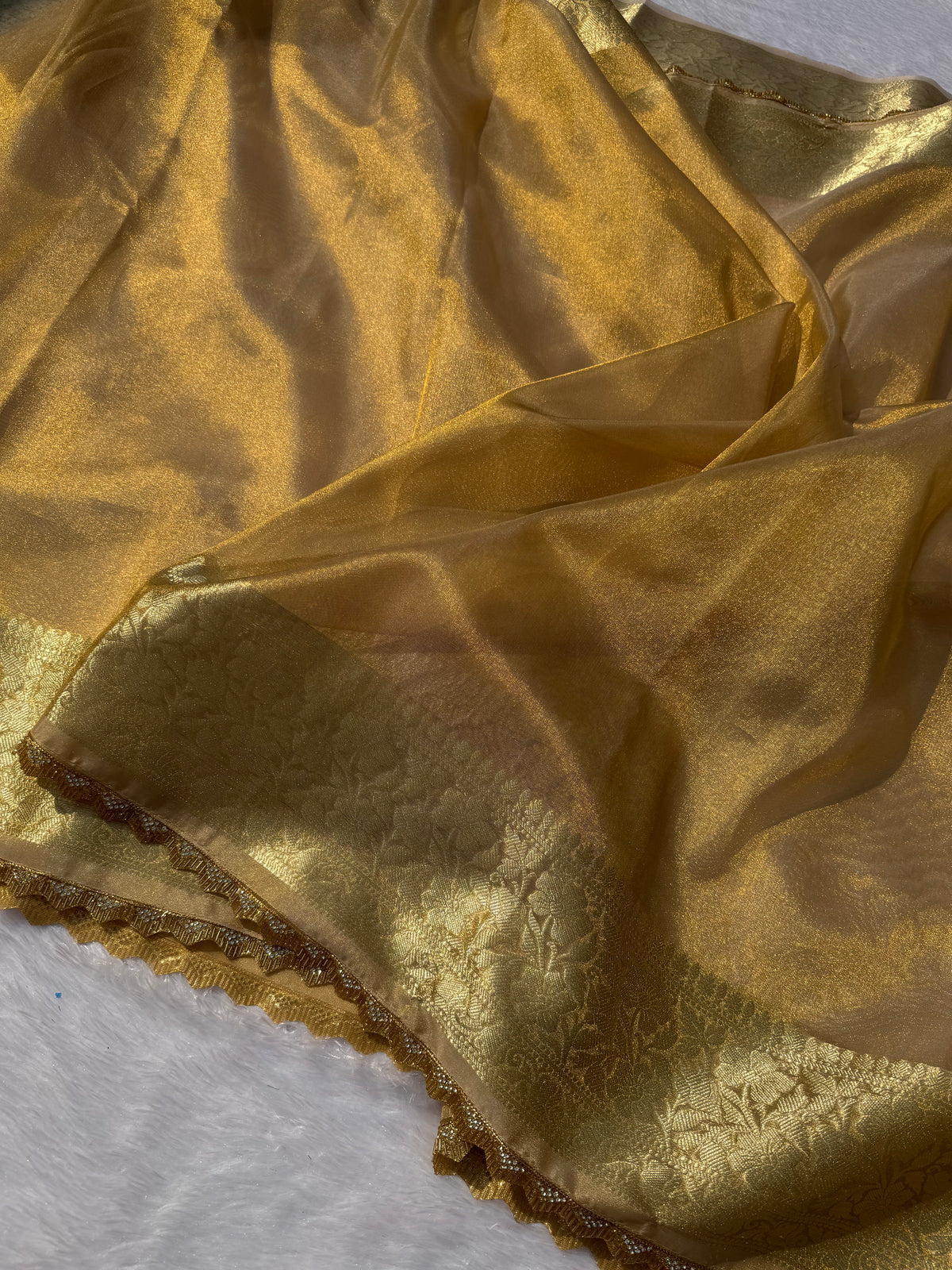 Adorning Function Wear Golden Colour Banarasi Tissue Silk Jacquared Zari Weaving n Lace Work Fancy Designer Saree