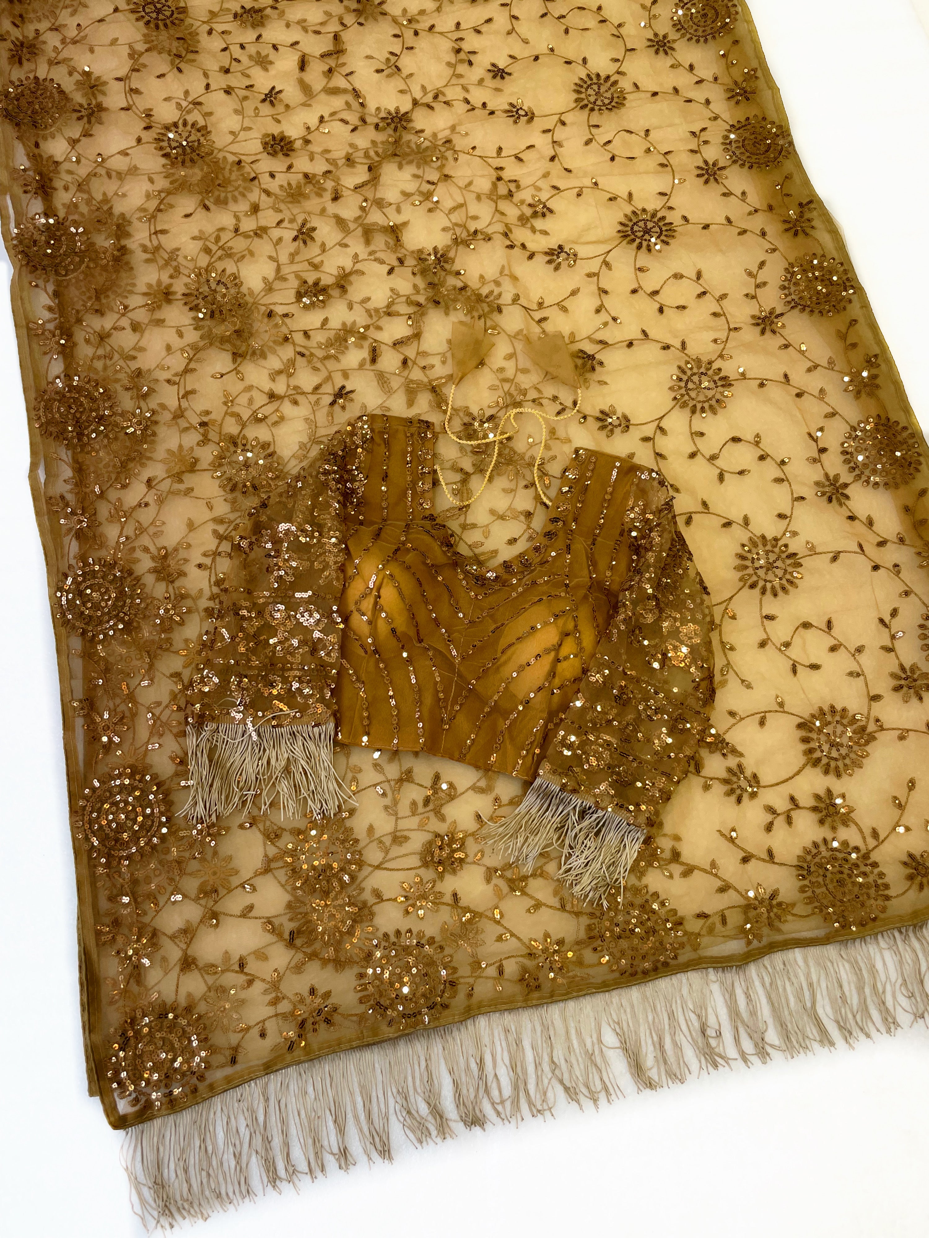 Luxury Wedding Wear Golden Colour Net Heavy Embroidery Work Designer Saree With Unstitched Blouse